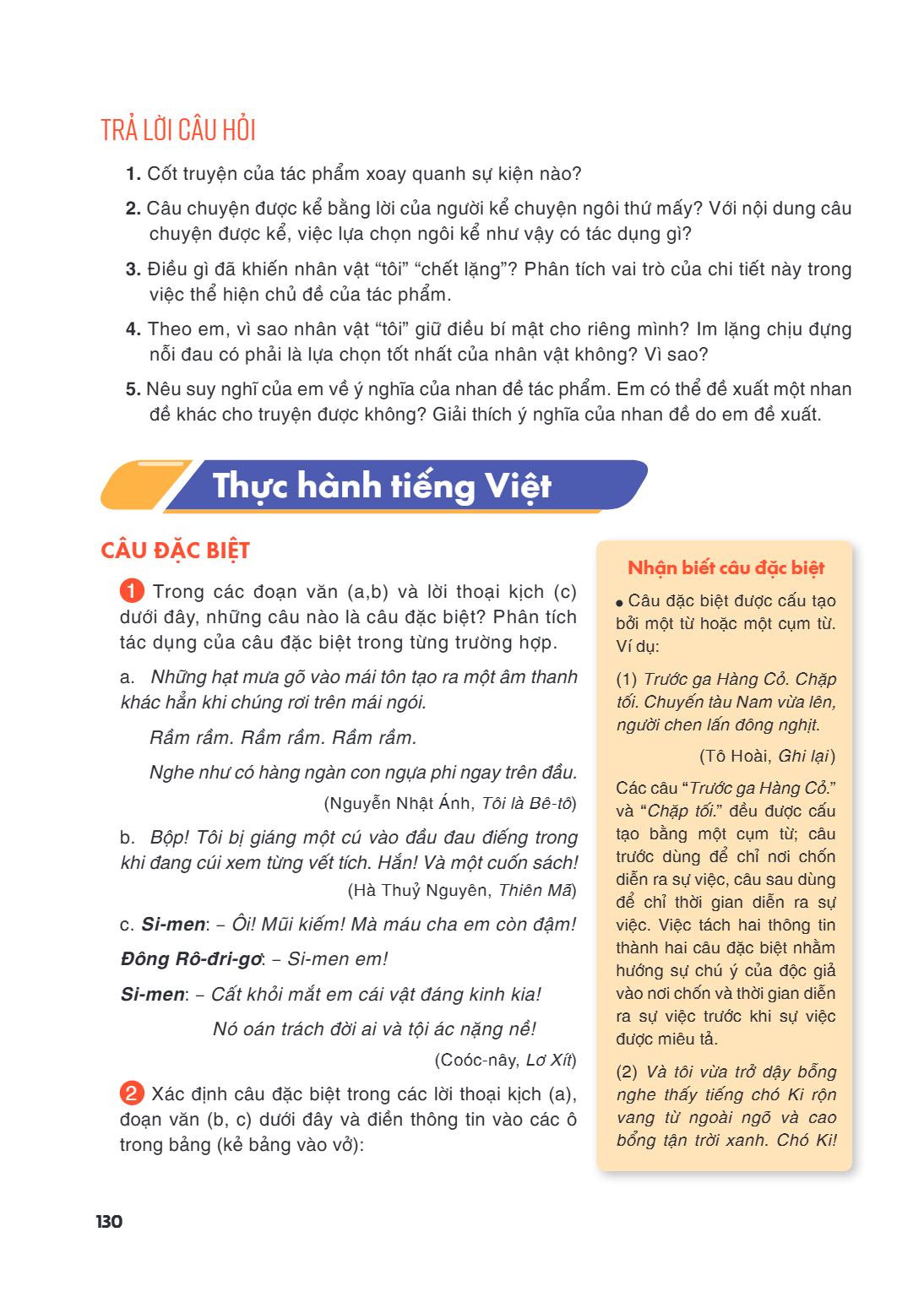 Thực hành tiếng Việt CÂU ĐẶC BIỆT 1. Trong các đoạn văn (a,b) và lời thoại kịch (c) dưới đây, những câu nào là câu đặc biệt? Phân tích tác dụng của câu đặc biệt