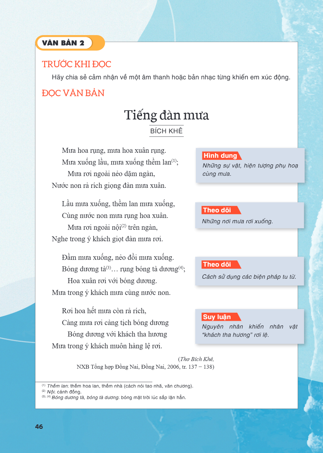 VĂN BẢN 2 TRƯỚC KHI ĐỌC Hãy chia sẻ cảm nhận về một âm thanh hoặc bản nhạc từng khiến em xúc động. ĐỌC VĂN BẢN Tiếng đàn mưa BÍCH KHÊ Mưa hoa rụng, mưa hoa xuân