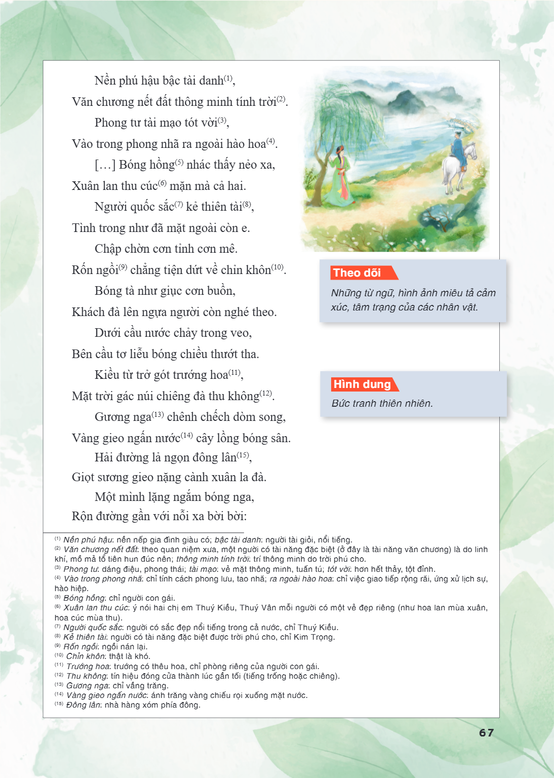 Nền phú hậu bậc tài danh(1), Văn chương nết đất thông minh tính trời(2). Phong tư tài mạo tót vời(3), Vào trong phong nhã ra ngoài hào hoa(4). […] Bóng hồng(5) 