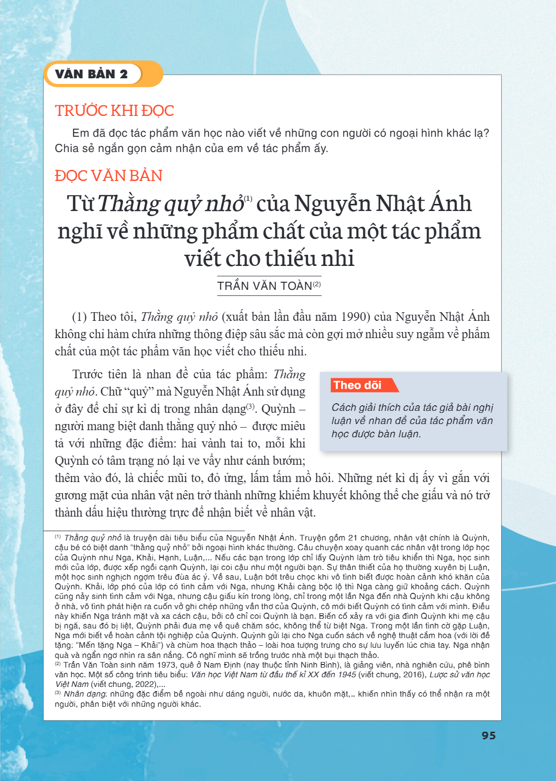 VĂN BẢN 2 TRƯỚC KHI ĐỌC Em đã đọc tác phẩm văn học nào viết về những con người có ngoại hình khác lạ? Chia sẻ ngắn gọn cảm nhận của em về tác phẩm ấy. ĐỌC VĂN B