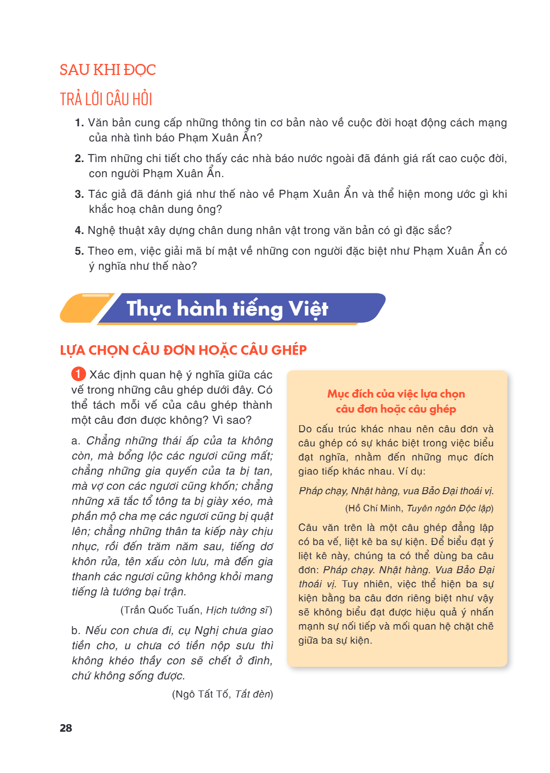 Thực hành tiếng Việt LỰA CHỌN CÂU ĐƠN HOẶC CÂU GHÉP 1 Xác định quan hệ ý nghĩa giữa các vế trong những câu ghép dưới đây. Có thể tách mỗi vế của câu ghép thành 
