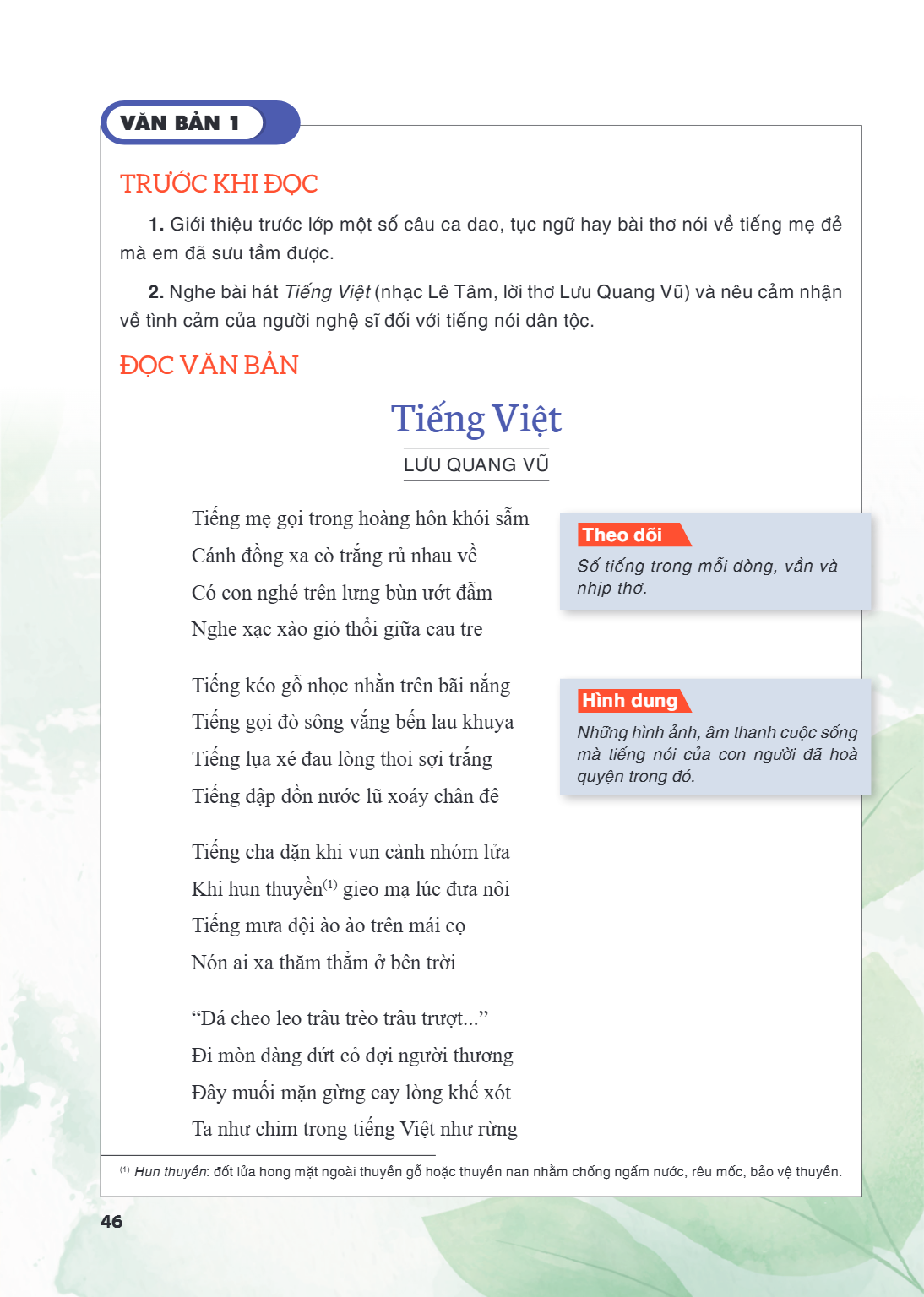 VĂN BẢN 1 TRƯỚC KHI ĐỌC Giới thiệu trước lớp một số câu ca dao, tục ngữ hay bài thơ nói về tiếng mẹ đẻ mà em đã sưu tầm được. Nghe bài hát Tiếng Việt (nhạc Lê T
