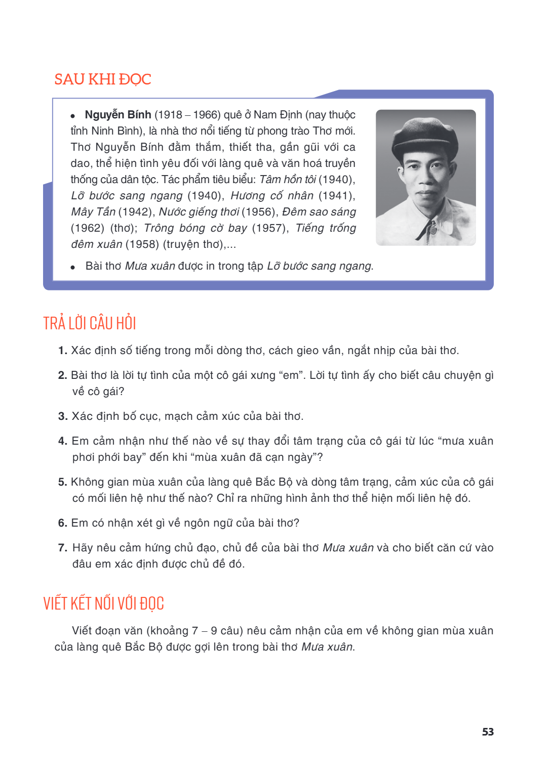 SAU KHI ĐỌC Nguyễn Bính (1918 - 1966) quê ở Nam Định (nay thuộc tỉnh Ninh Bình), là nhà thơ nổi tiếng từ phong trào Thơ mới. Thơ Nguyễn Bính đằm thắm, thiết tha