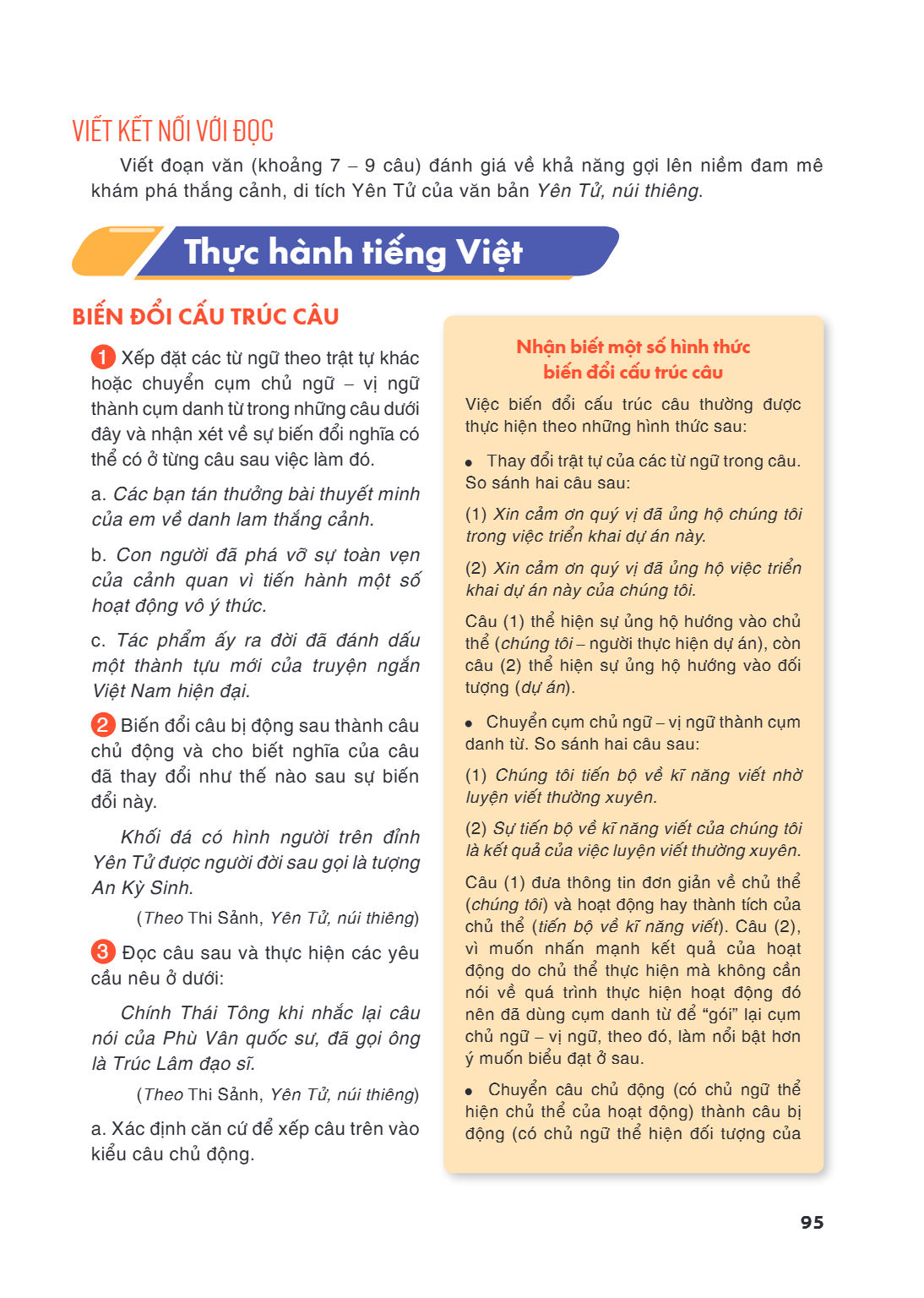 Thực hành tiếng Việt BIẾN ĐỔI CẤU TRÚC CÂU 1 Xếp đặt các từ ngữ theo trật tự khác hoặc chuyển cụm chủ ngữ – vị ngữ thành cụm danh từ trong những câu dưới đây và