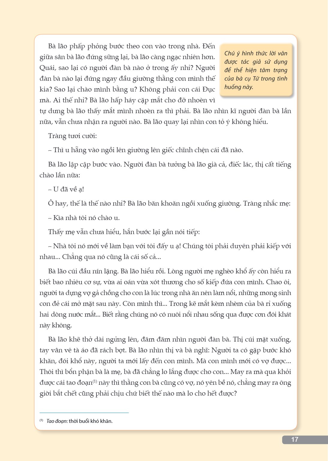 Bà lão phấp phỏng bước theo con vào trong nhà. Đến giữa sân bà lão đứng sững lại, bà lão càng ngạc nhiên hơn. Quái, sao lại có người đàn bà nào ở trong ấy nhỉ? 
