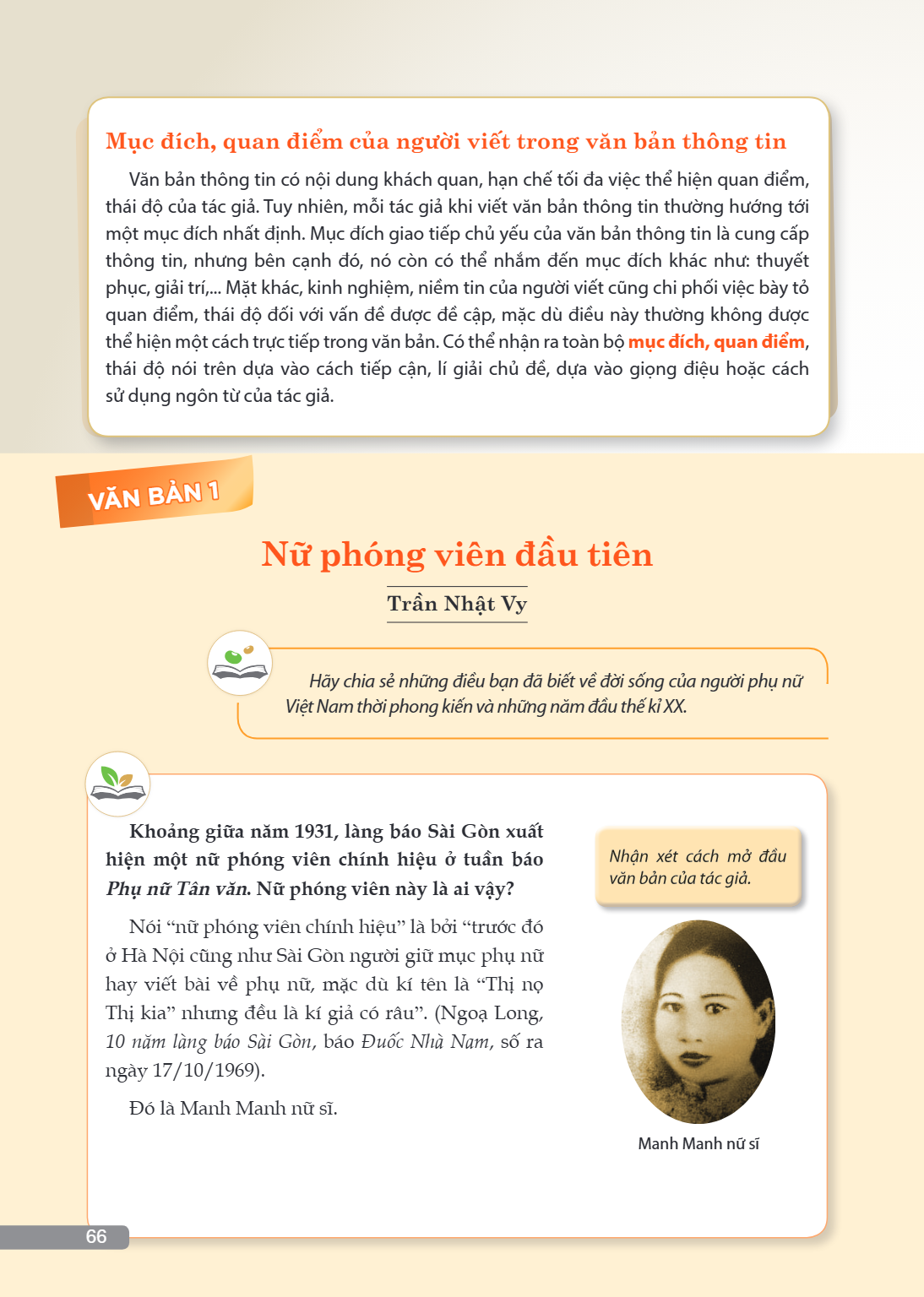 VĂN BẢN 1 Nữ phóng viên đầu tiên (Trần Nhật Vy) Hãy chia sẻ những điều bạn đã biết về đời sống của người phụ nữ Việt Nam thời phong kiến và những năm đầu thế kỉ