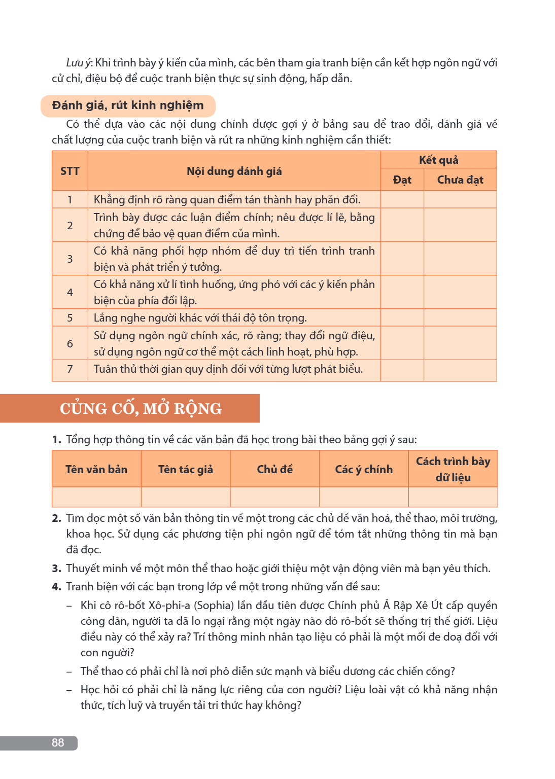 CỦNG CỐ, MỞ RỘNG 1. Tổng hợp thông tin về các văn bản đã học trong bài theo bảng gợi ý sau: Tên văn bản, Tên tác giả, Chủ đề, Các ý chính, Cách trình bày dữ liệ