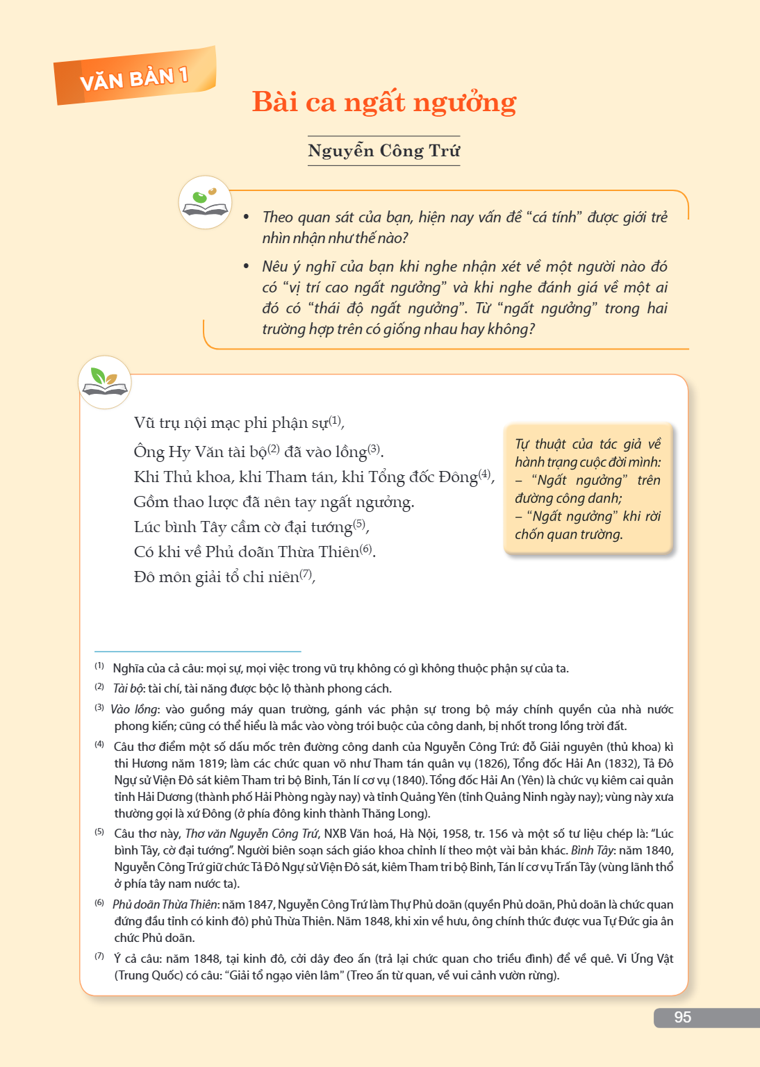 VĂN BẢN 1 Bài ca ngất ngưởng (Nguyễn Công Trứ) Nguyễn Công Trứ Theo quan sát của bạn, hiện nay vấn đề “cá tính” được giới trẻ nhìn nhận như thế nào? Nêu ý nghĩ 