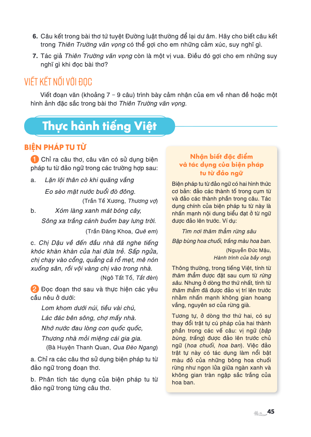 Thực hành tiếng Việt BIỆN PHÁP TU TỪ 1 Chỉ ra câu thơ, câu văn có sử dụng biện pháp tu từ đảo ngữ trong các trường hợp sau: a. Lặn lội thân cò khi quãng vắng Eo