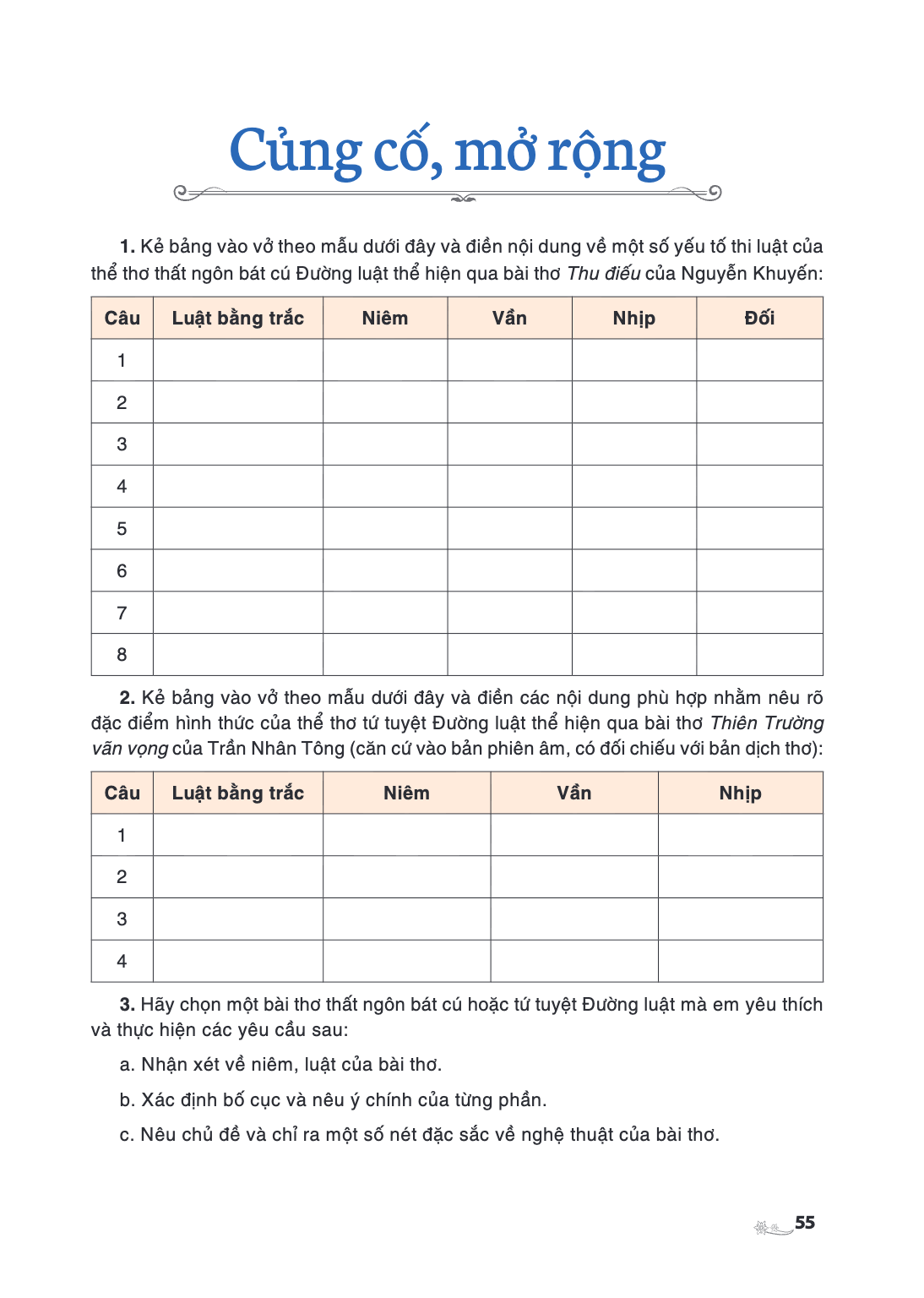 Củng cố, mở rộng 1. Kẻ bảng vào vở theo mẫu dưới đây và điền nội dung về một số yếu tố thi luật của thể thơ thất ngôn bát cú Đường luật thể hiện qua bài thơ Thu