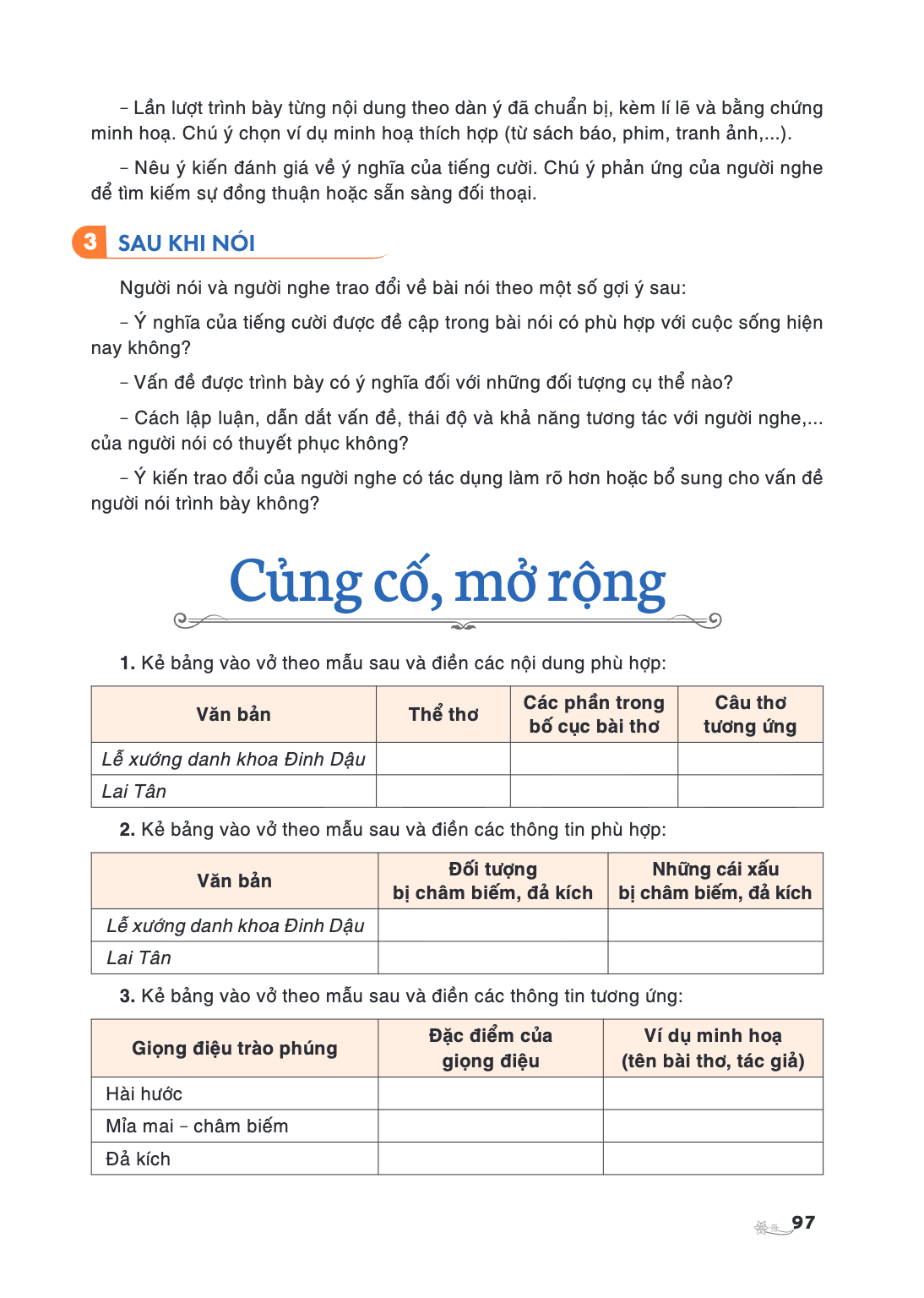 Củng cố, mở rộng Kẻ bảng vào vở theo mẫu sau và điền các nội dung phù hợp: Văn bản, Thể thơ, Các phần trong bố cục bài thơ, Câu thơ tương ứng Lễ xuống danh khoa