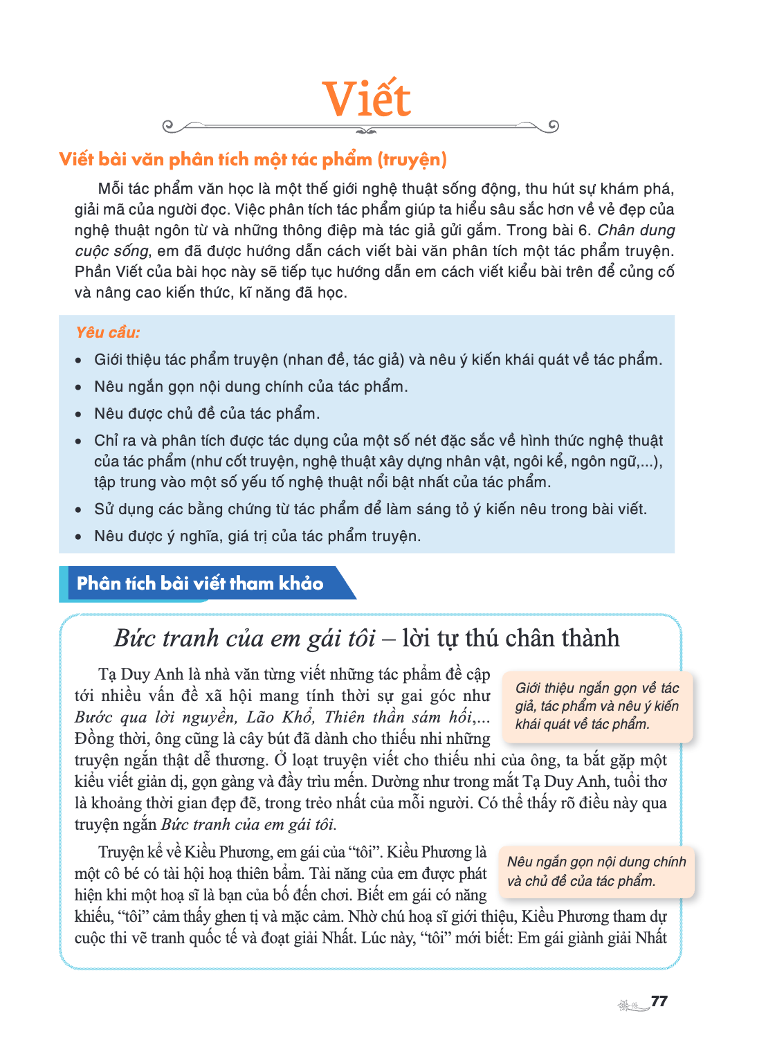 Viết Viết bài văn phân tích một tác phẩm (truyện) Mỗi tác phẩm văn học là một thế giới nghệ thuật sống động, thu hút sự khám phá, giải mã của người đọc. Việc ph