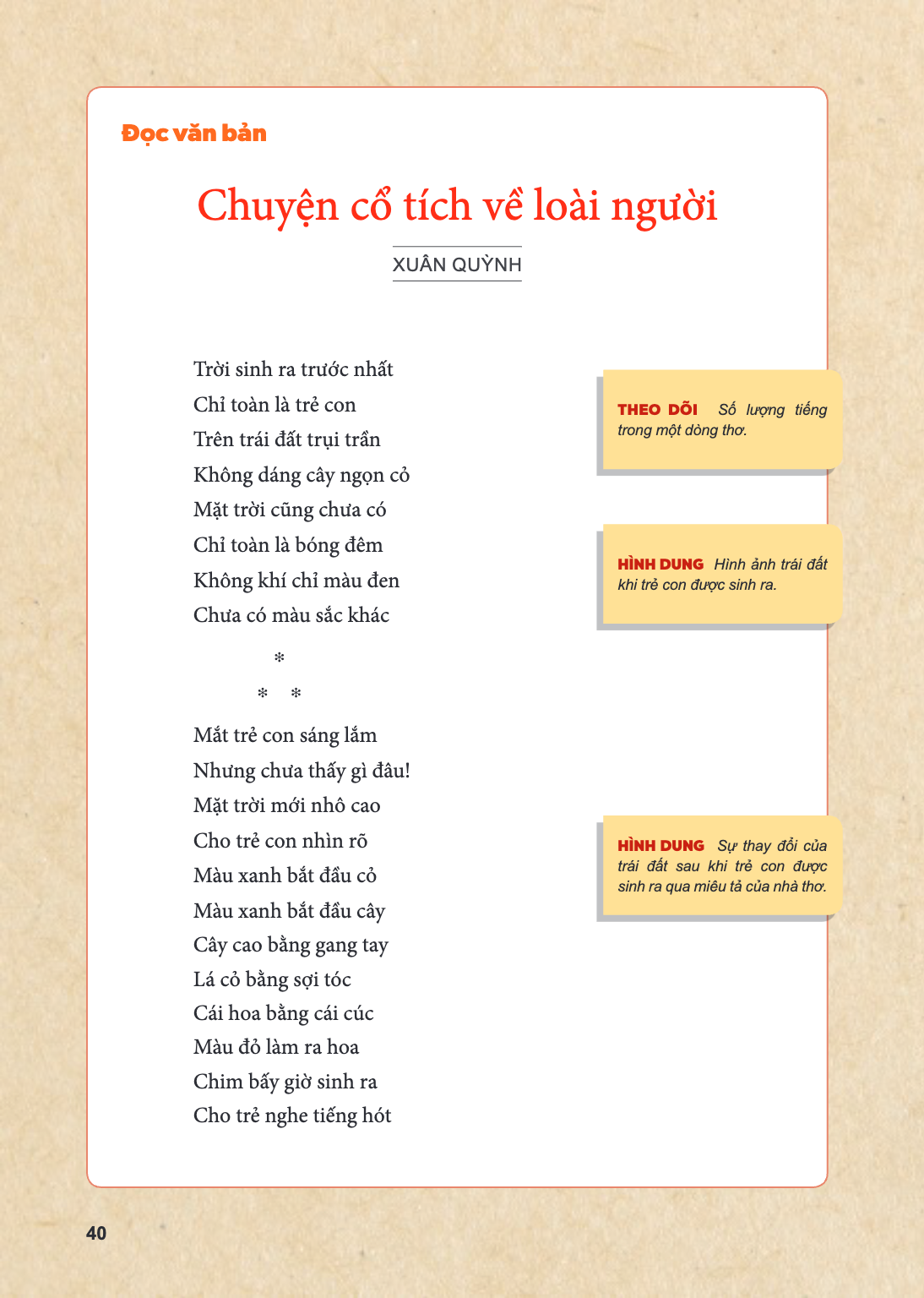 Đọc văn bản Chuyện cổ tích về loài người XUÂN QUỲNH Trời sinh ra trước nhất Chỉ toàn là trẻ con Trên trái đất trụi trần Không dáng cây ngọn cỏ Mặt trời cũng chư