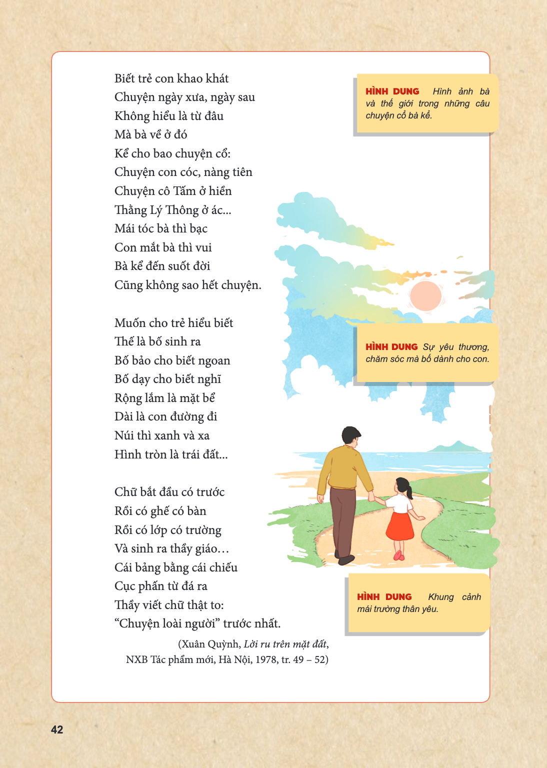 Biết trẻ con khao khát Chuyện ngày xưa, ngày sau Không hiểu là từ đâu Mà bà về ở đó Kể cho bao chuyện cổ: Chuyện con cóc, nàng tiên Chuyện cô Tấm ở hiền Thằng L