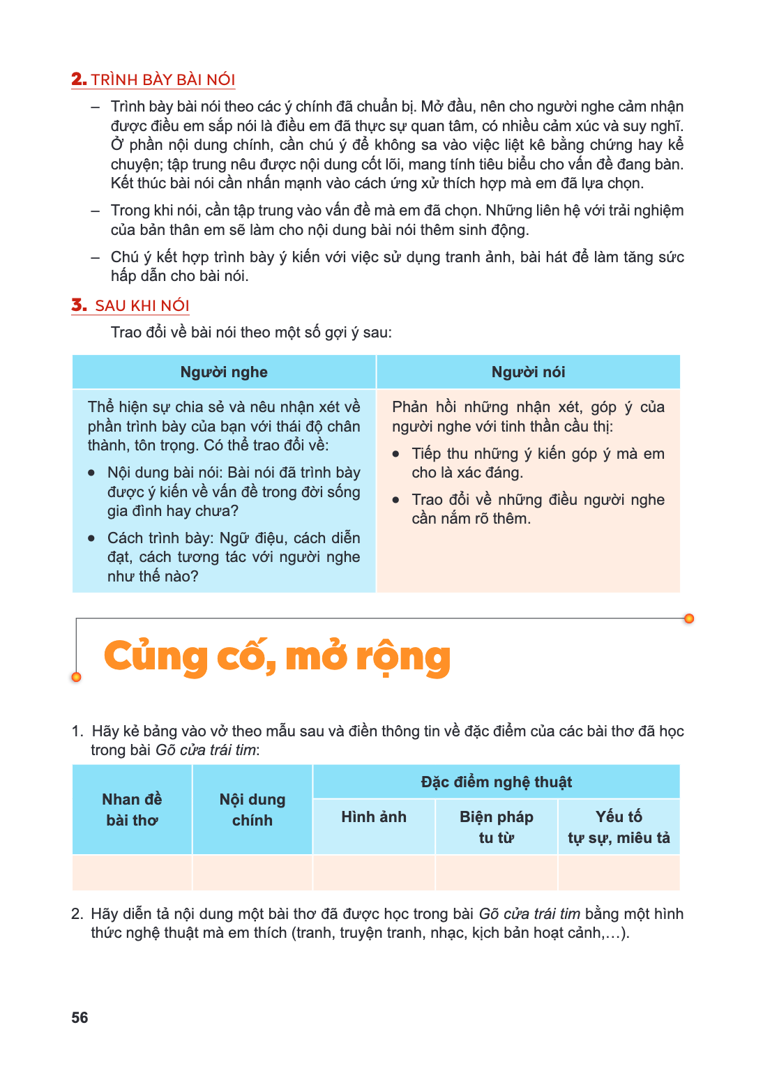Củng cố, mở rộng Hãy kẻ bảng vào vở theo mẫu sau và điền thông tin về đặc điểm của các bài thơ đã học trong bài Gõ cửa trái tim: Nhan đề bài thơ, Nội dung chính