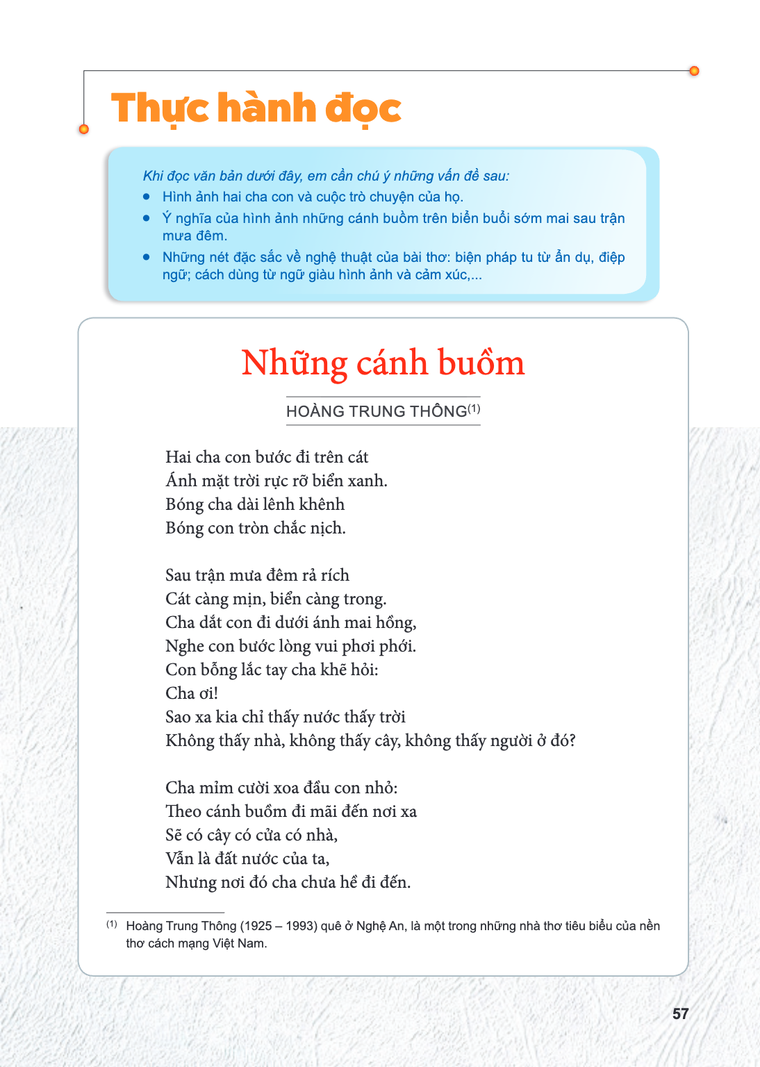 Thực hành đọc Khi đọc văn bản dưới đây, em cần chú ý những vấn đề sau: Hình ảnh hai cha con và cuộc trò chuyện của họ. Ý nghĩa của hình ảnh những cánh buồm trên