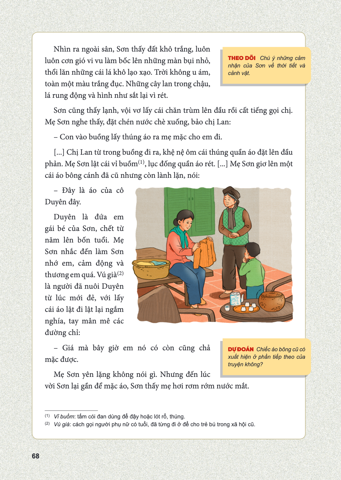 Nhìn ra ngoài sân, Sơn thấy đất khô trắng, luôn luôn cơn gió vi vu làm bốc lên những màn bụi nhỏ, thổi lăn những cái lá khô lạo xạo. Trời không u ám, toàn một m