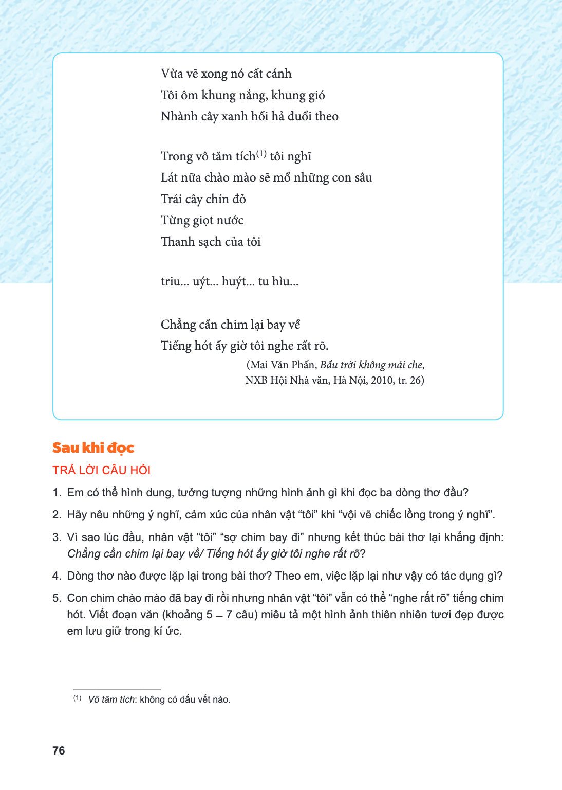 Vừa vẽ xong nó cất cánh Tôi ôm khung nắng, khung gió Nhành cây xanh hối hả đuổi theo Trong vô tăm tích(1) tôi nghĩ Lát nữa chào mào sẽ mổ những con sâu Trái cây