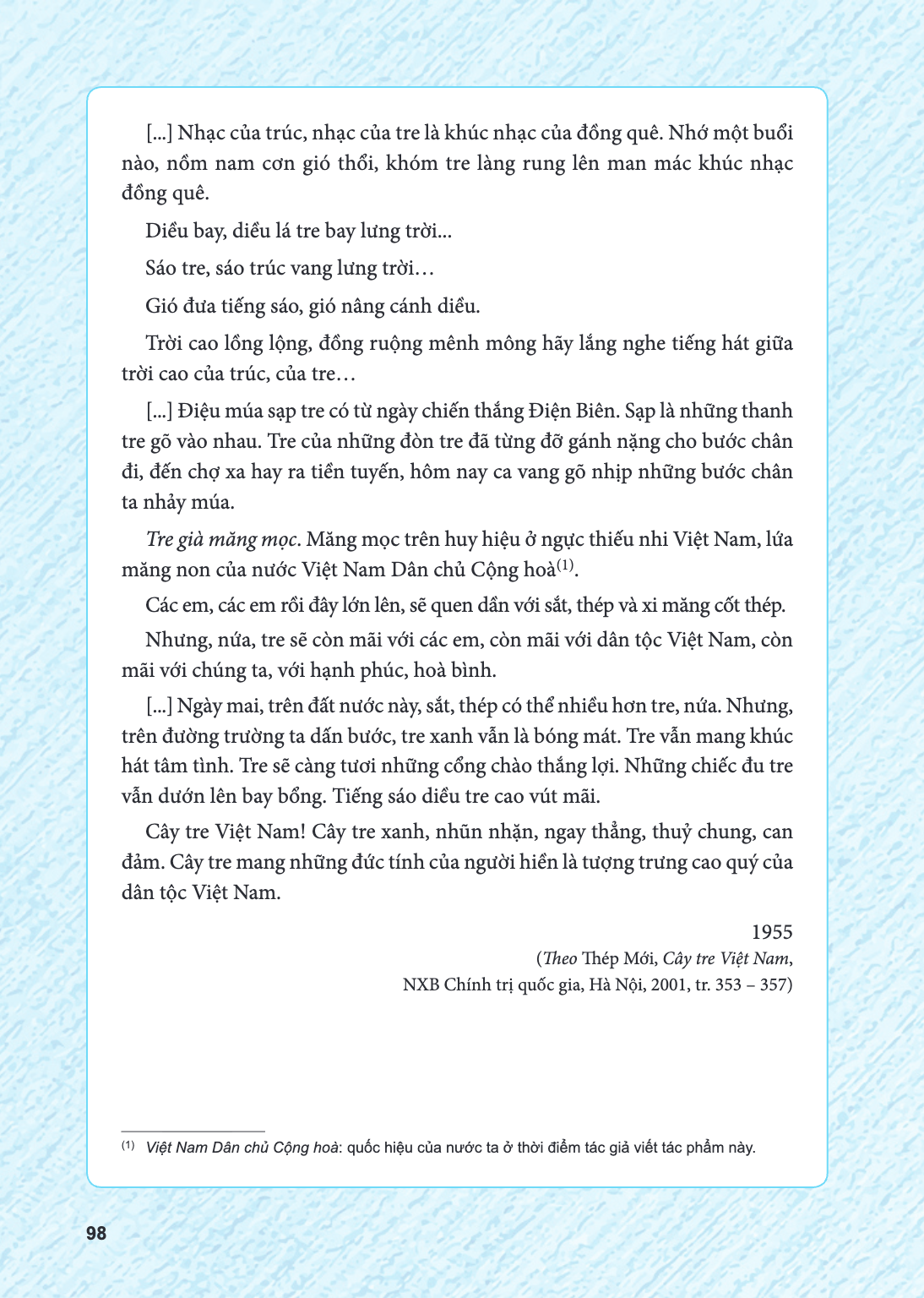 [...] Nhạc của trúc, nhạc của tre là khúc nhạc của đồng quê. Nhớ một buổi nào, nồm nam cơn gió thổi, khóm tre làng rung lên man mác khúc nhạc đồng quê. Diều bay