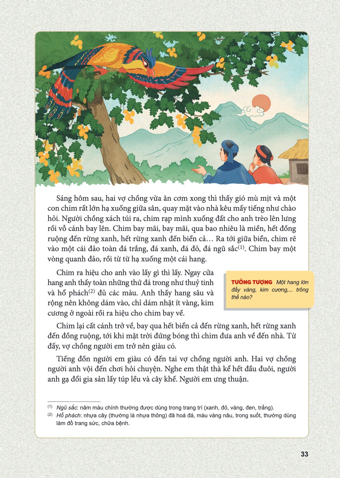 Sáng hôm sau, hai vợ chồng vừa ăn cơm xong thì con chim rất lớn hạ xuống giữa sân, quay mặt vào nhà hỏi. Người chồng xách túi ra, chim rạp mình xuống đất rồi vỗ