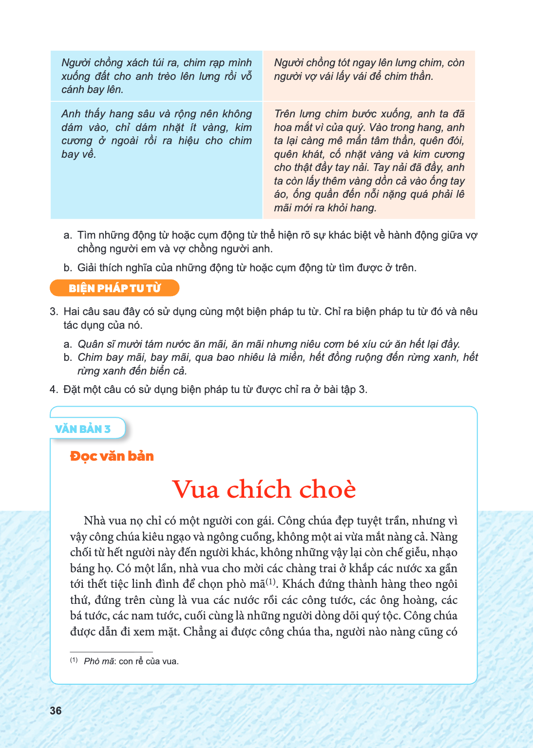 VĂN BẢN 3 Đọc văn bản Vua chích choè Nhà vua nọ chỉ có một người con gái. Công chúa đẹp tuyệt trần, nhưng vì vậy công chúa kiêu ngạo và ngông cuồng, không một a