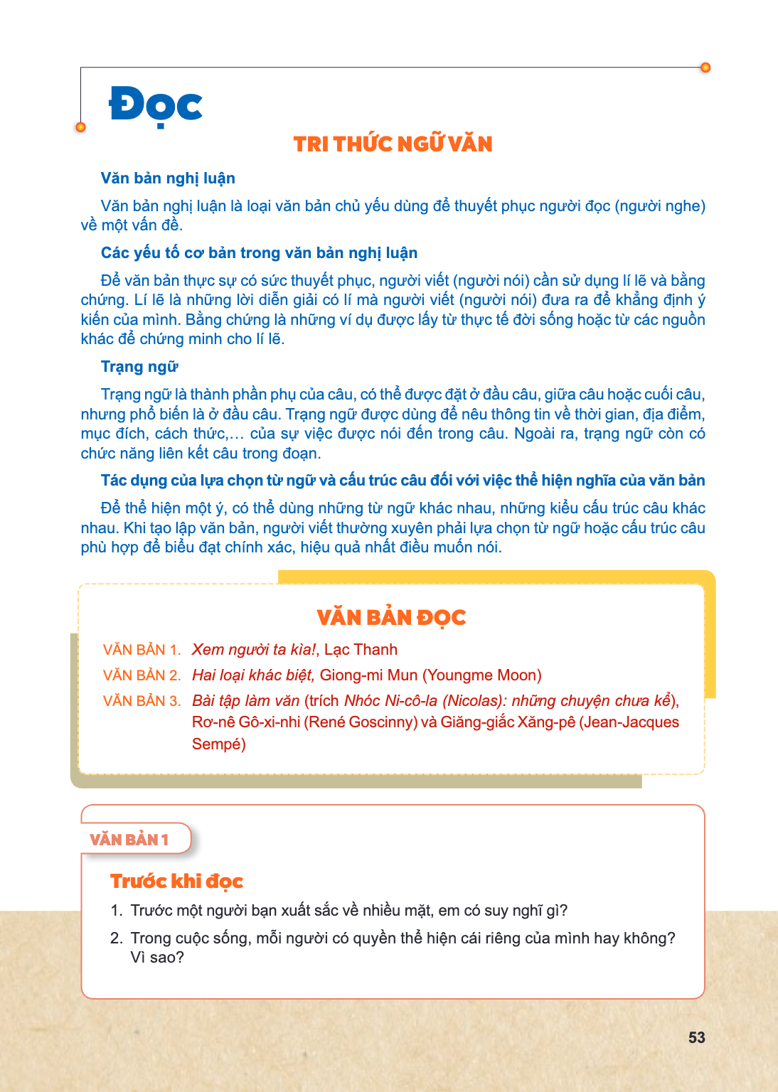 Đọc TRI THỨC NGỮ VĂN Văn bản nghị luận Văn bản nghị luận là loại văn bản chủ yếu dùng để thuyết phục người đọc (người nghe) về một vấn đề. Các yếu tố cơ bản tro