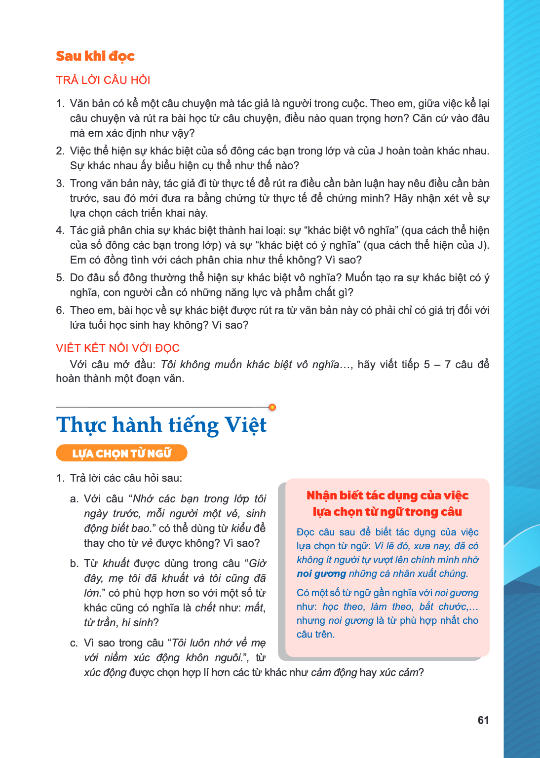 Thực hành tiếng Việt LỰA CHỌN TỪ NGỮ Trả lời các câu hỏi sau: a. Với câu "Nhớ các bạn trong lớp tôi ngày trước, mỗi người một vẻ, sinh động biết bao." có thể dù