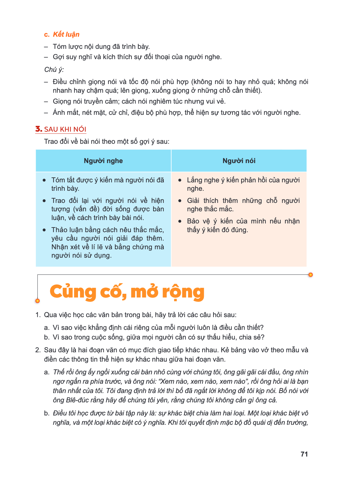 Củng cố, mở rộng Qua việc học các văn bản trong bài, hãy trả lời các câu hỏi sau: a. Vì sao việc khẳng định cái riêng của mỗi người luôn là điều cần thiết? b. V