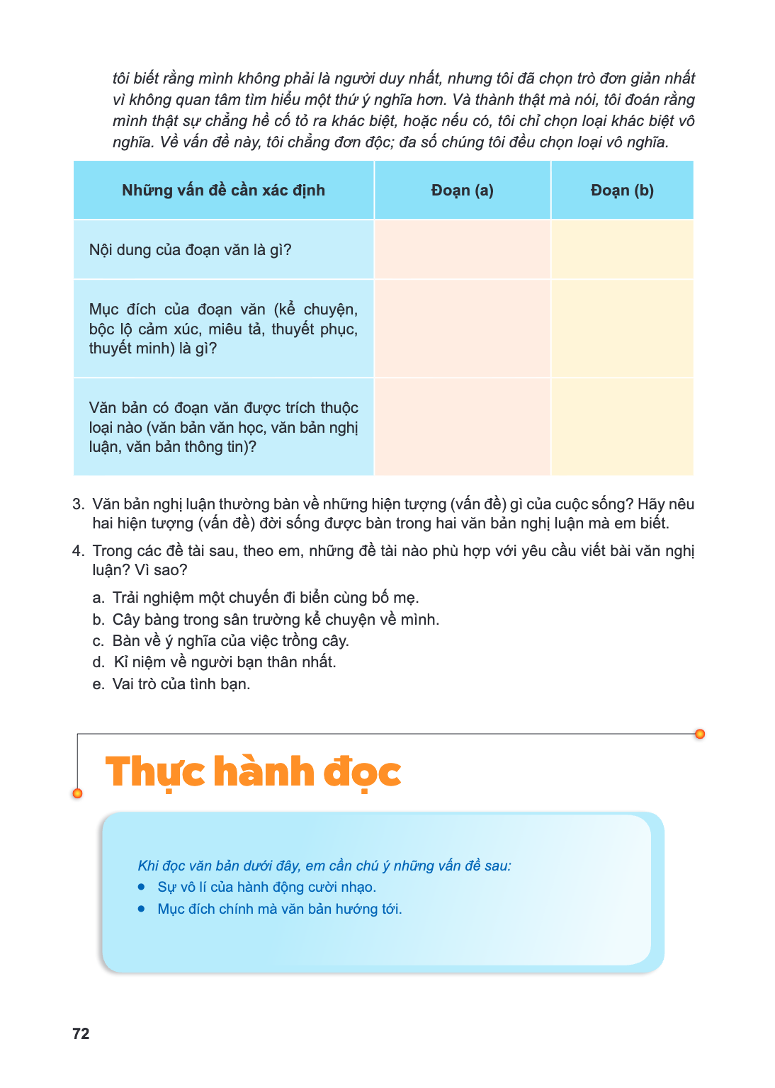 Thực hành đọc Khi đọc văn bản dưới đây, em cần chú ý những vấn đề sau: Sự vô lí của hành động cười nhạo. Mục đích chính mà văn bản hướng tới.