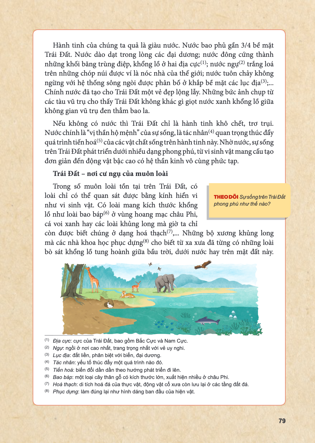 Hành tinh của chúng ta quả là giàu nước. Nước bao Trái Đất. Nước dào dạt trong lòng các đại dương; những khối băng trùng điệp, khổng lồ ở hai địa cực(1); trên n