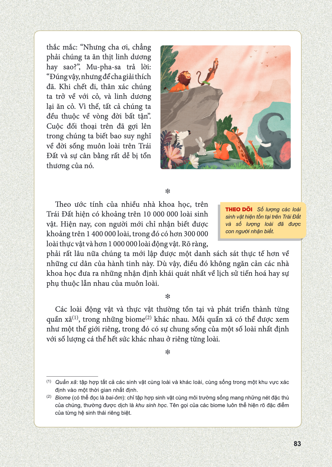 thắc mắc: "Nhưng cha ơi, chẳng phải chúng ta ăn thịt linh dương hay sao?", Mu-pha-sa trả lời: "Đúng vậy, nhưng để cha giải thích đã. Khi chết đi, thân xác chúng
