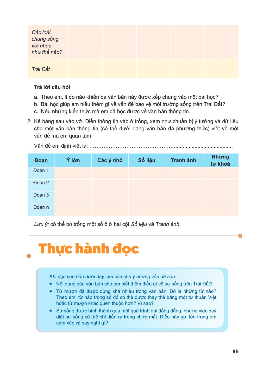 Thực hành đọc Khi đọc văn bản dưới đây, em cần chú ý những vấn đề sau: Nội dung của văn bản cho em biết thêm điều gì về sự sống trên Trái Đất? Từ mượn đã được d