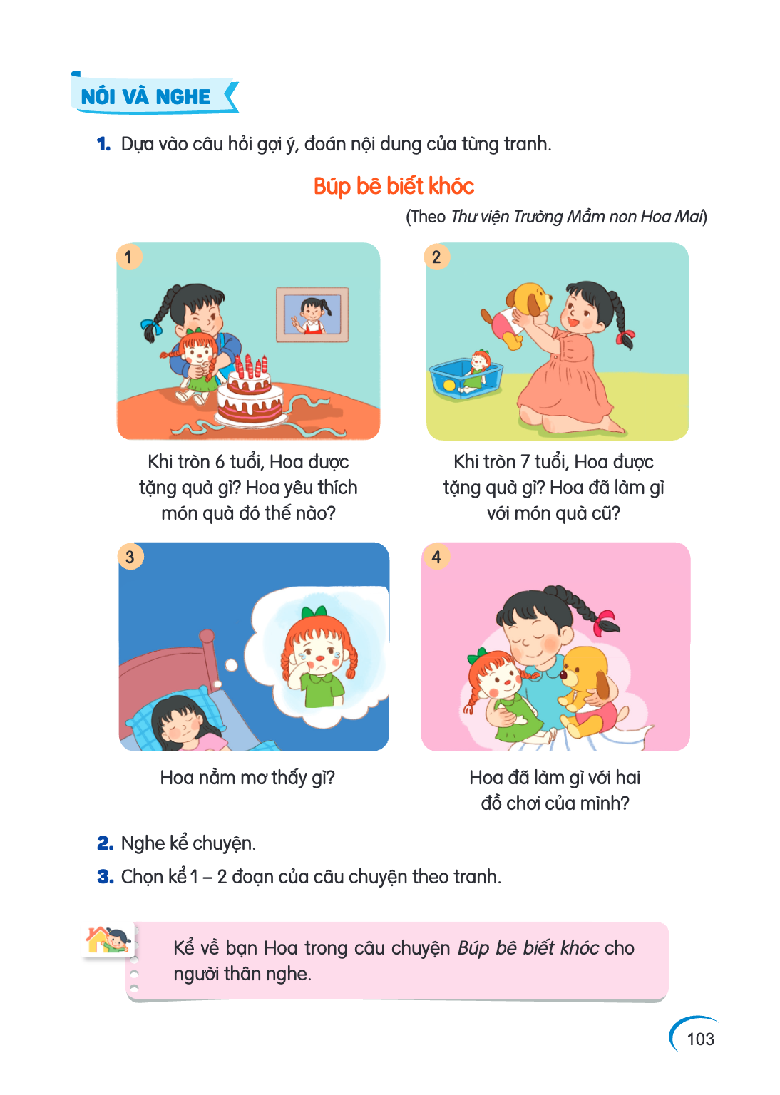 NÓI VÀ NGHE Dựa vào câu hỏi gợi ý, đoán nội dung của từng tranh. Búp bê biết khóc (Theo Thư viện Trường Mầm non Hoa Mai) Khi tròn 6 tuổi, Hoa được tặng quà gì? 