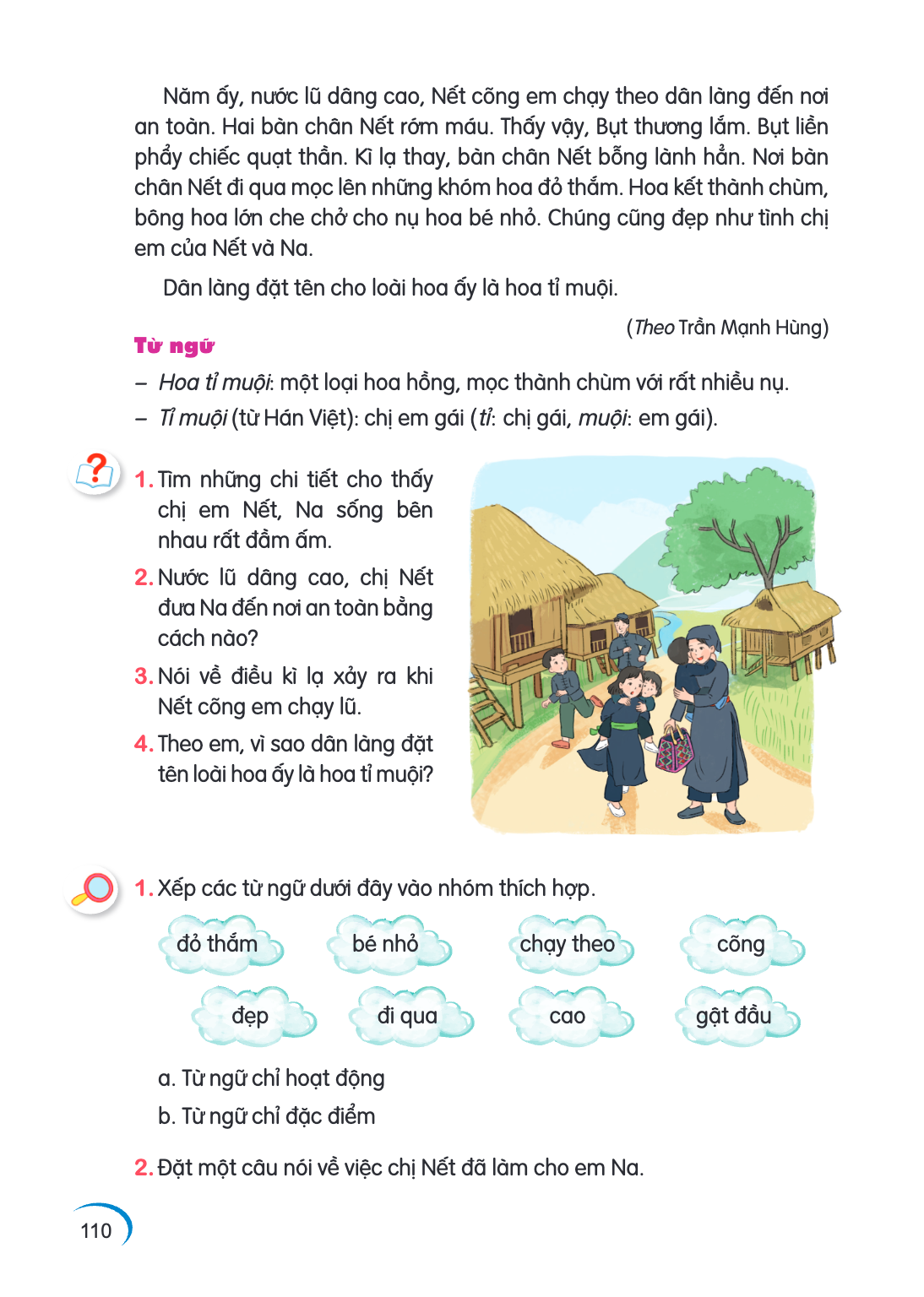 Năm ấy, nước lũ dâng cao, Nết cõng em chạy theo dân làng đến nơi an toàn. Hai bàn chân Nết rớm máu. Thấy vậy, Bụt thương lắm. Bụt liền phẩy chiếc quạt thần. Kì 