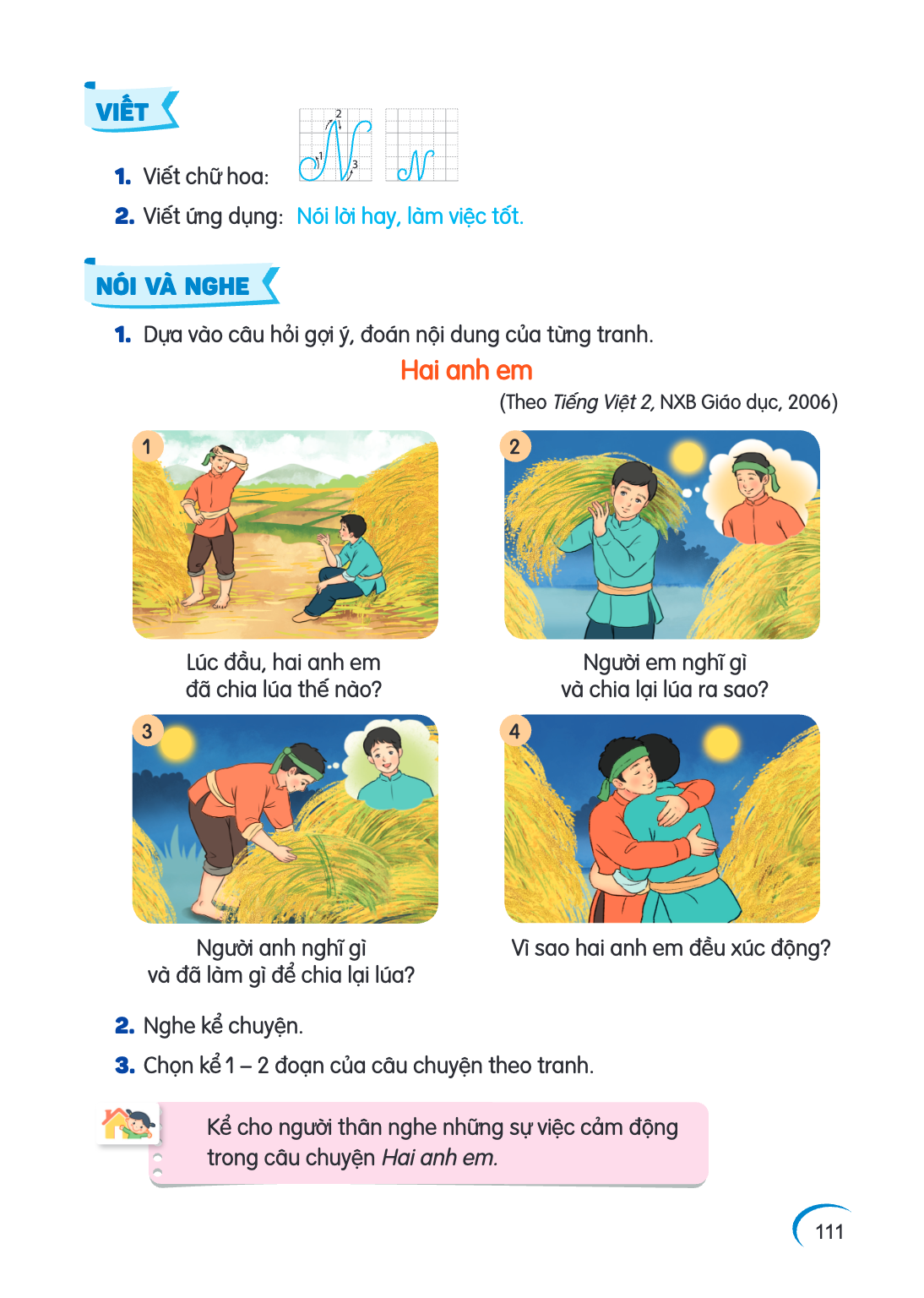 VIẾT Viết chữ hoa: 3 Viết ứng dụng: Nói lời hay, làm việc tốt. NÓI VÀ NGHE Dựa vào câu hỏi gợi ý, đoán nội dung của từng tranh. Hai anh em (Theo Tiếng Việt 2, N