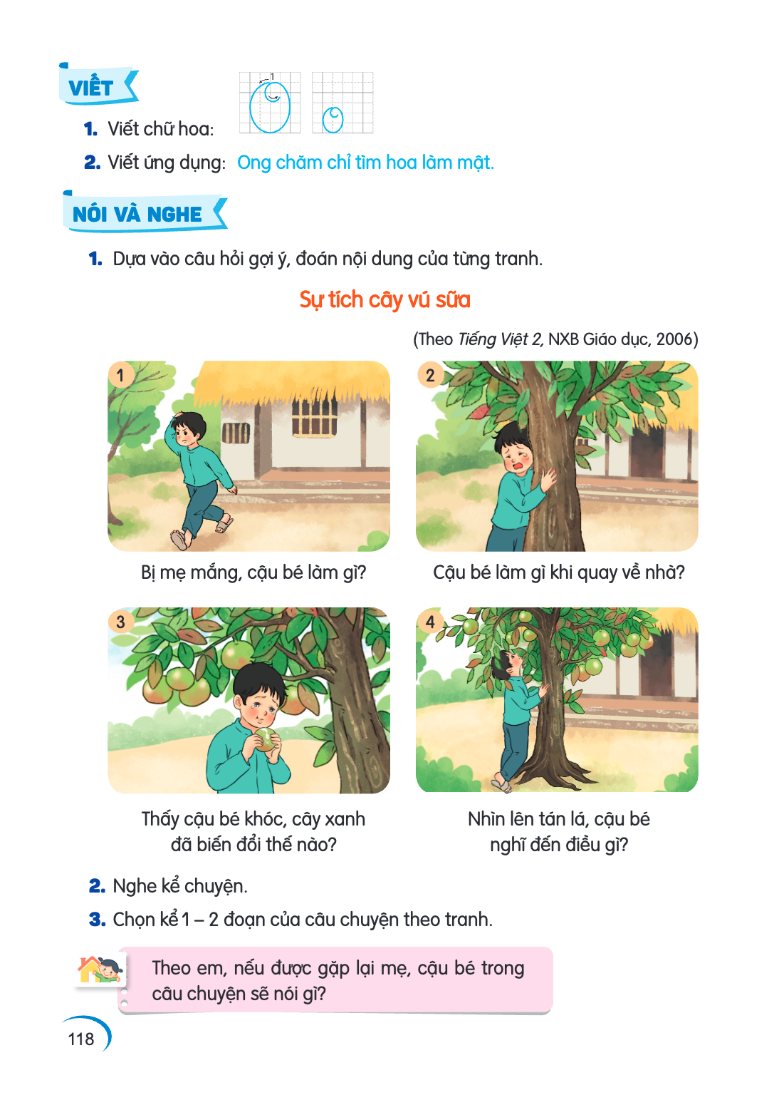 VIẾT 1 Viết chữ hoa: Viết ứng dụng: Ong chăm chỉ tìm hoa làm mật. NÓI VÀ NGHE Dựa vào câu hỏi gợi ý, đoán nội dung của từng tranh. Sự tích cây vú sữa (Theo Tiến