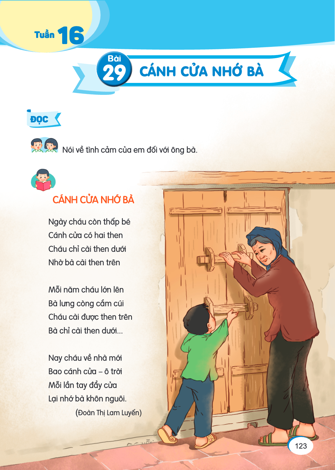 Tuần 16 Bài 29. Bài 29 ĐỌC Nói về tình cảm của em đối với ông bà. CÁNH CỬA NHỚ BÀ Ngày cháu còn thấp bé Cánh cửa có hai then Cháu chỉ cài then dưới Nhờ bà cài t