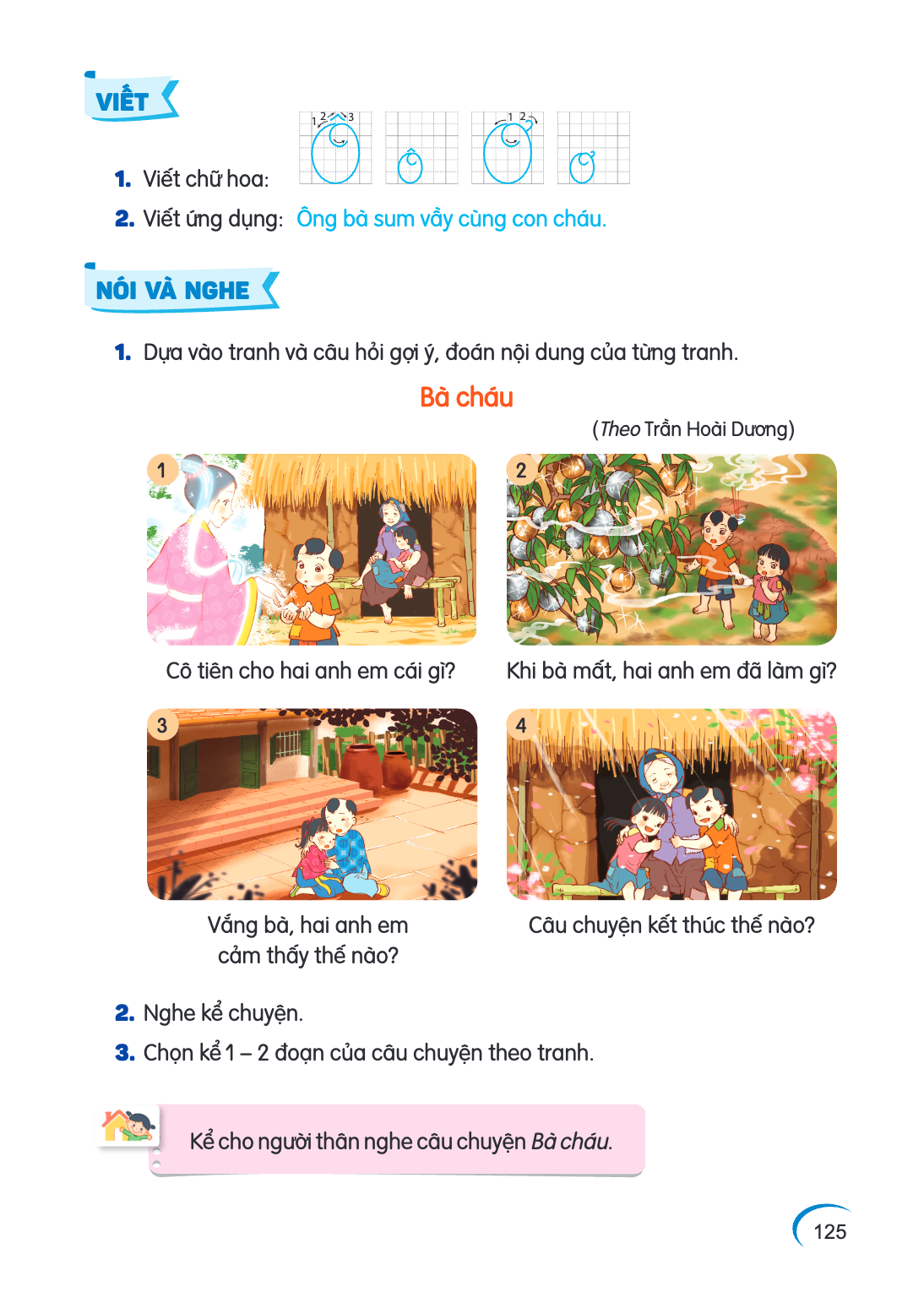 VIẾT 1 2 3 1 2 Viết chữ hoa: Viết ứng dụng: Ông bà sum vầy cùng con cháu. NÓI VÀ NGHE Dựa vào tranh và câu hỏi gợi ý, đoán nội dung của từng tranh. Bà cháu (The