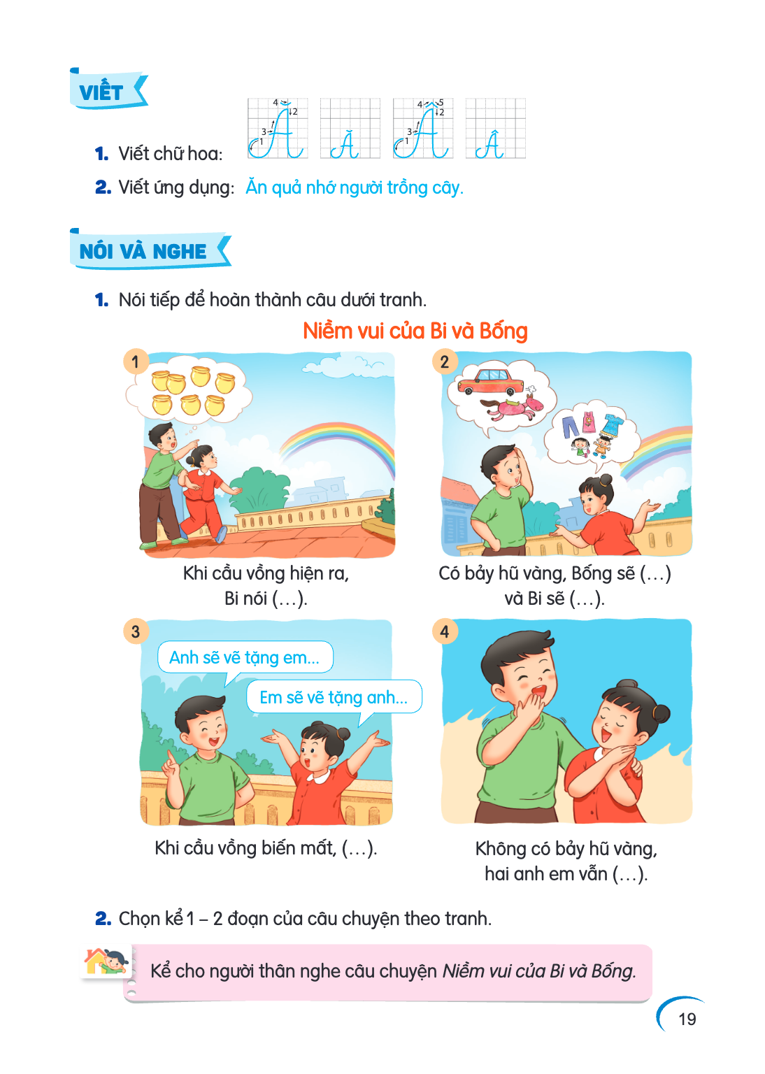 VIẾT Viết chữ hoa: Ă, Â Viết ứng dụng: Ăn quả nhớ người trồng cây. NÓI VÀ NGHE Nói tiếp để hoàn thành câu dưới tranh. Niềm vui của Bi và Bống Khi cầu vồng hiện 