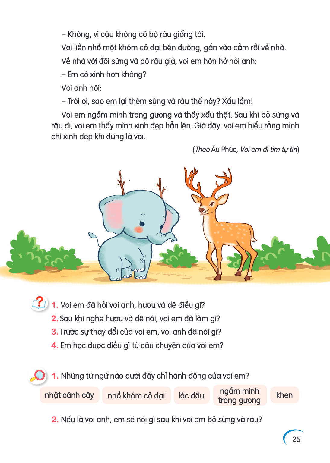 – Không, vì cậu không có bộ râu giống tôi. Voi liền nhổ một khóm cỏ dại bên đường, gắn vào cằm rồi về nhà. Về nhà với đôi sừng và bộ râu giả, voi em hớn hở hỏi 