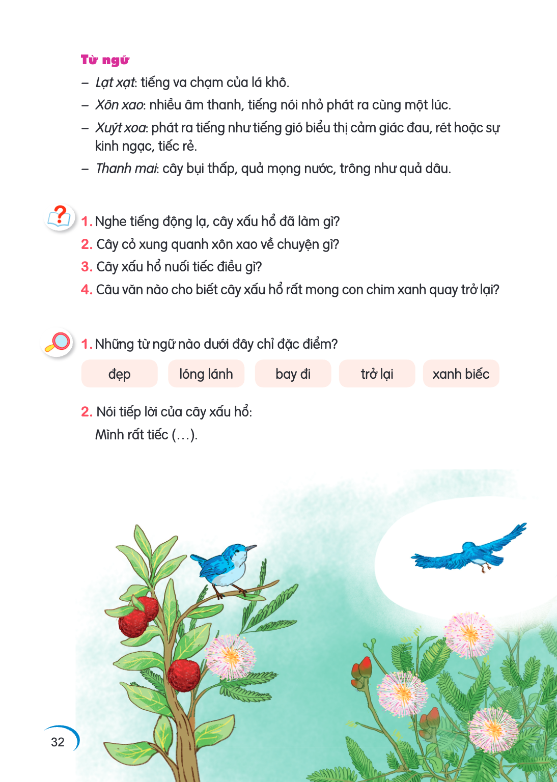Từ ngữ – Lạt xạt: tiếng va chạm của lá khô. – Xôn xao: nhiều âm thanh, tiếng nói nhỏ phát ra cùng một lúc. – Xuýt xoa: phát ra tiếng như tiếng gió biểu thị cảm 