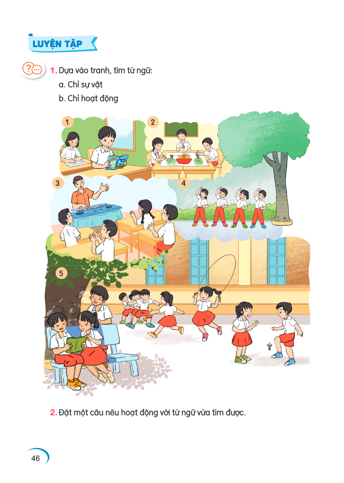 LUYỆN TẬP 1. Dựa vào tranh, tìm từ ngữ: a. Chỉ sự vật b. Chỉ hoạt động 2. Đặt một câu nêu hoạt động với từ ngữ vừa tìm được.