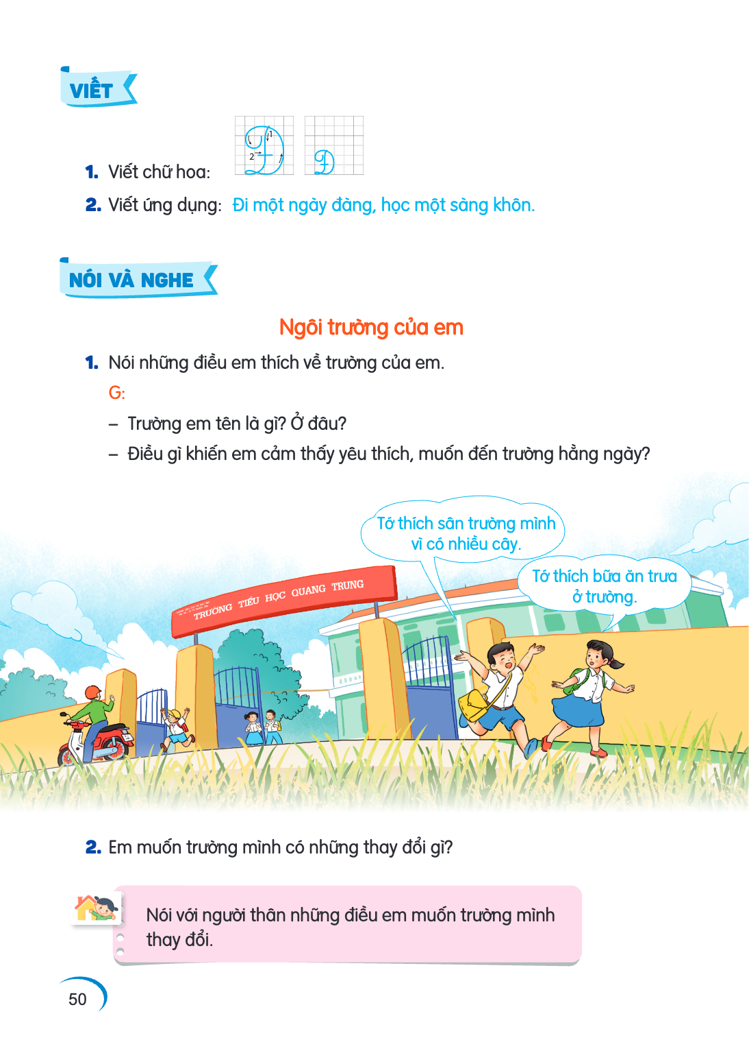VIẾT 1 2 Viết chữ hoa: Viết ứng dụng: Đi một ngày đàng, học một sàng khôn. NÓI VÀ NGHE Ngôi trường của em Nói những điều em thích về trường của em. G: – Trường 