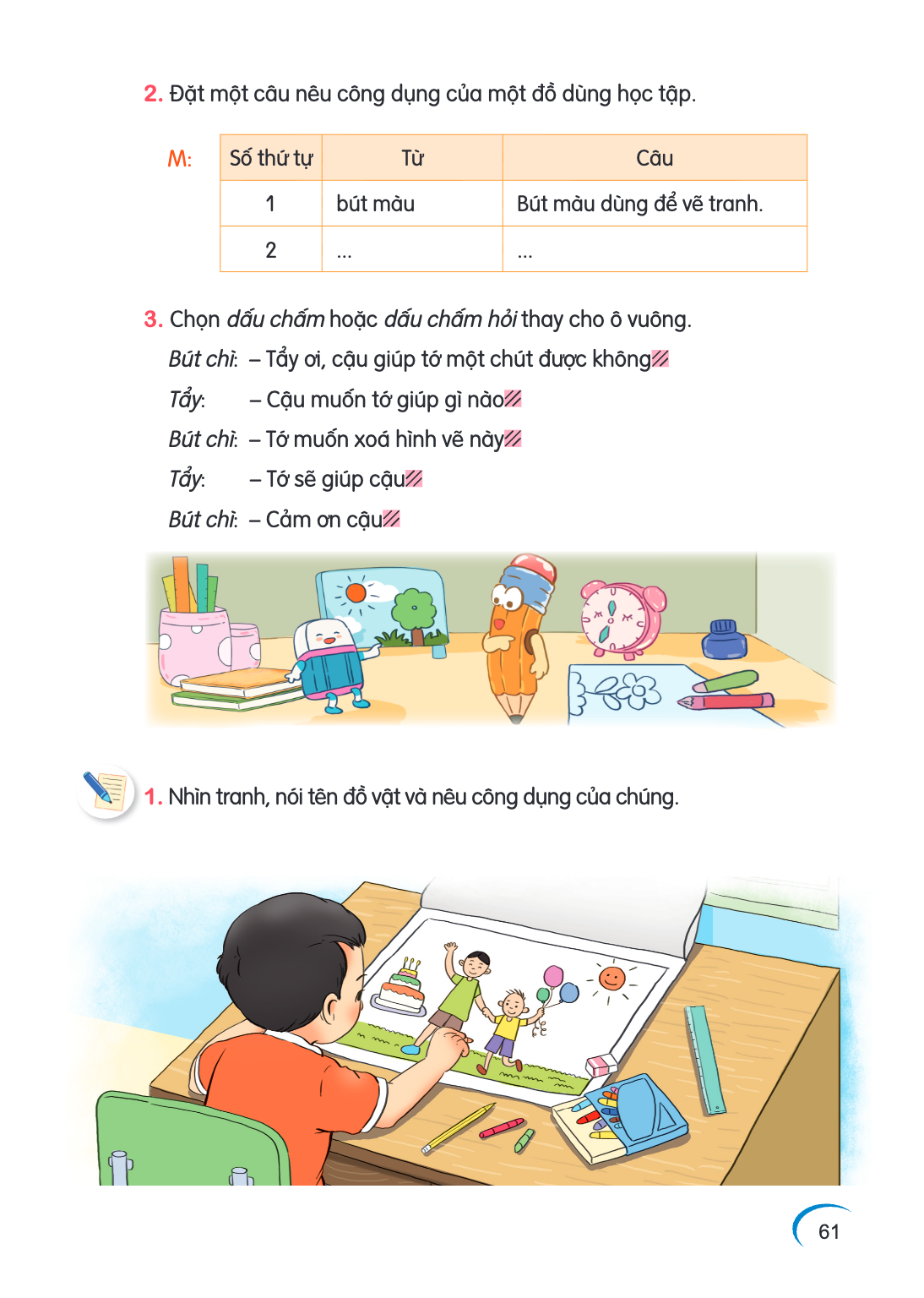 Đặt một câu nêu công dụng của một đồ dùng học tập. M: Số thứ tự, Từ, Câu 1, bút màu, Bút màu dùng để vẽ tranh. 2, ..., ... Chọn dấu chấm hoặc dấu chấm hỏi thay 