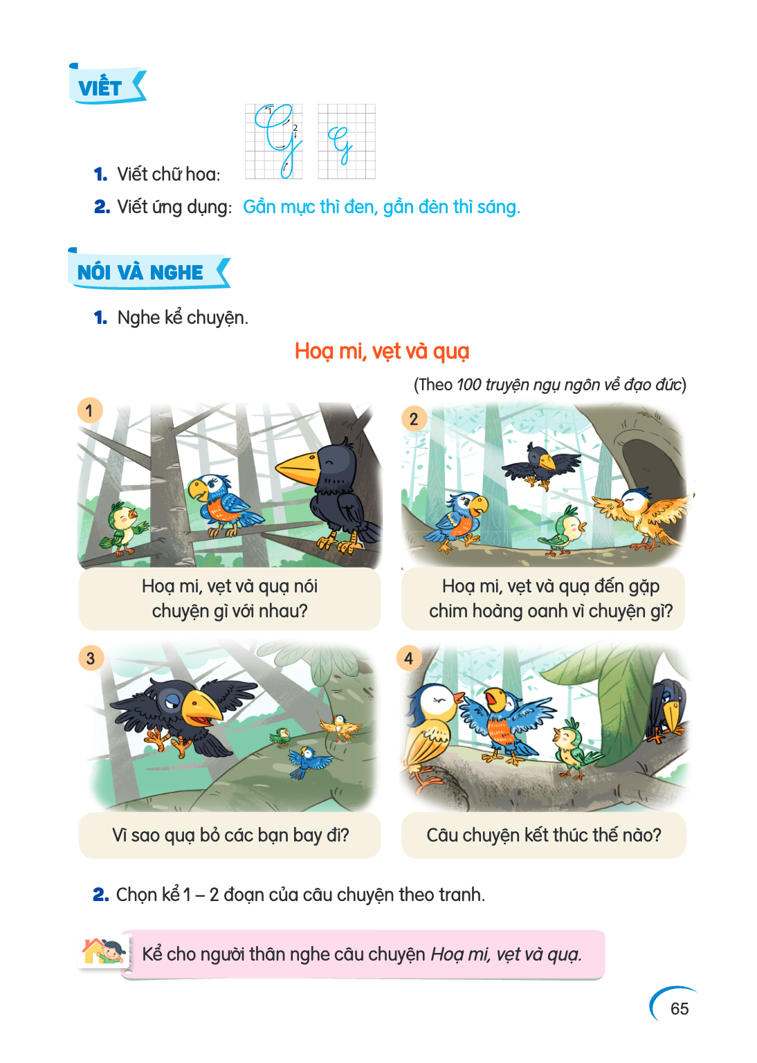 VIẾT Viết chữ hoa: Viết ứng dụng: Gần mực thì đen, gần đèn thì sáng. NÓI VÀ NGHE Nghe kể chuyện. 1 Hoạ mi, vẹt và quạ nói chuyện gì với nhau? 3 Vì sao quạ bỏ cá