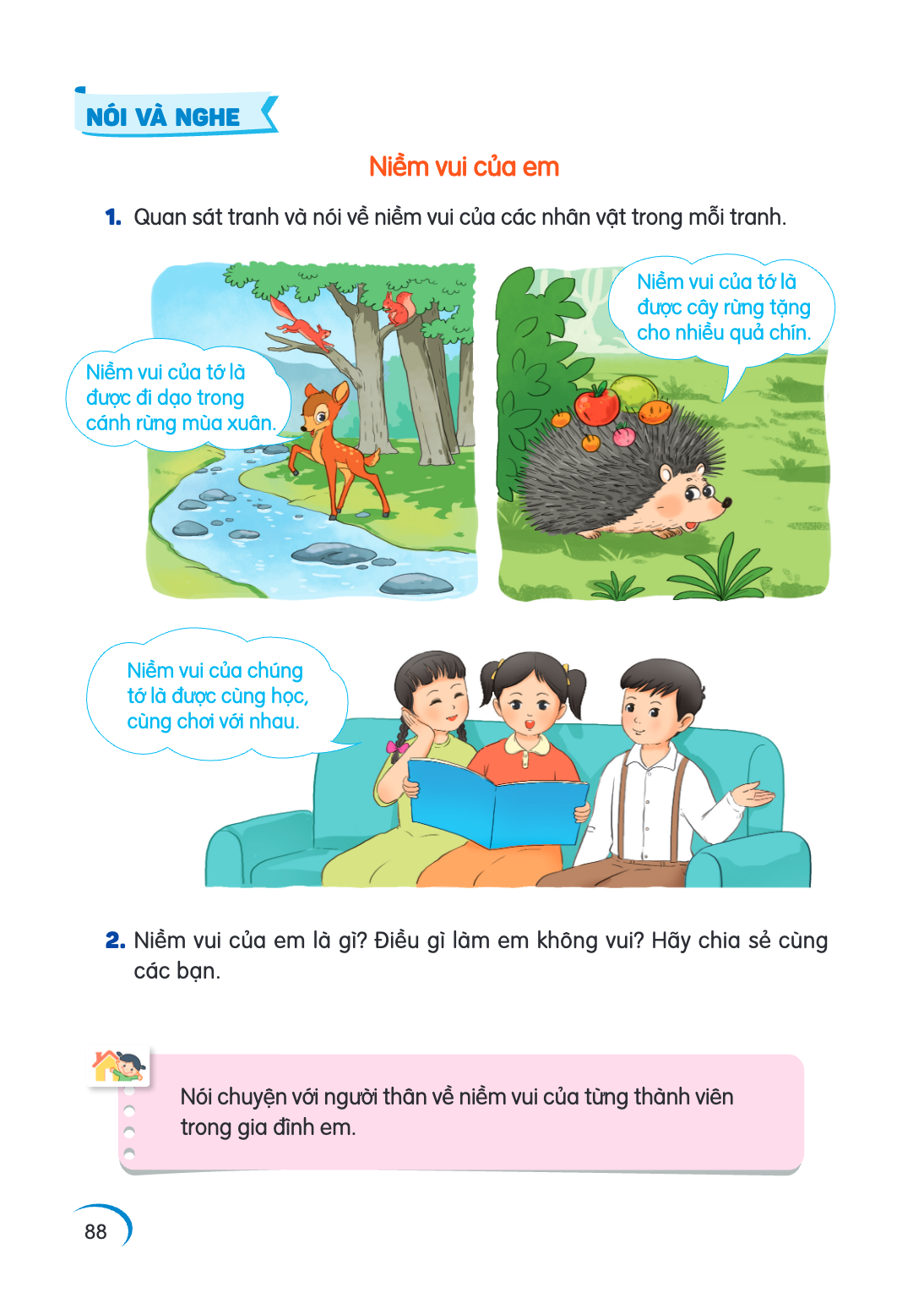 NÓI VÀ NGHE Niềm vui của em Quan sát tranh và nói về niềm vui của các nhân vật trong mỗi tranh. Niềm vui của tớ là được cây rừng tặng cho nhiều quả chín. Niềm v
