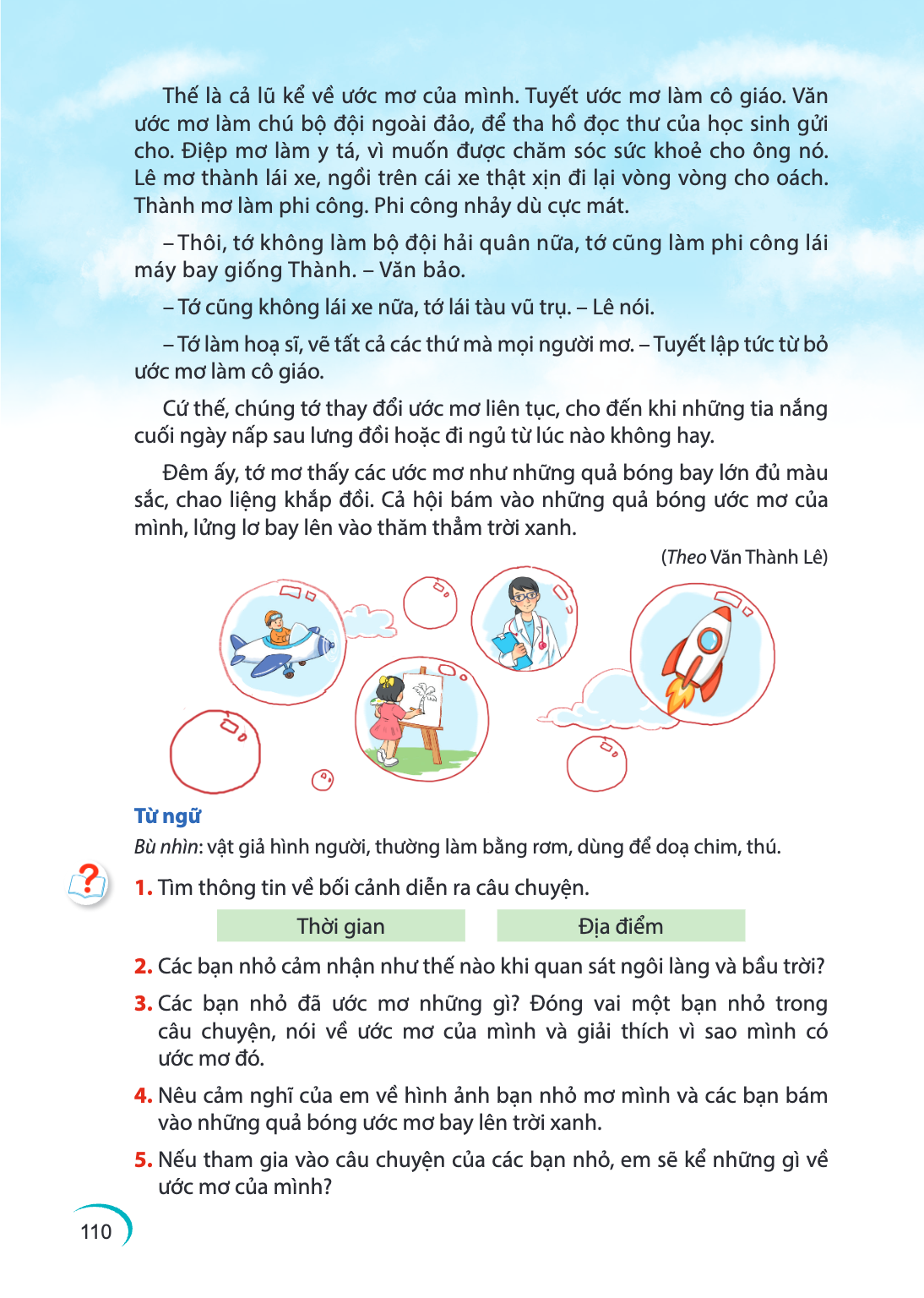 Thế là cả lũ kể về ước mơ của mình. Tuyết ước mơ làm cô giáo. Văn ước mơ làm chú bộ đội ngoài đảo, để tha hồ đọc thư của học sinh gửi cho. Điệp mơ làm y tá, vì 