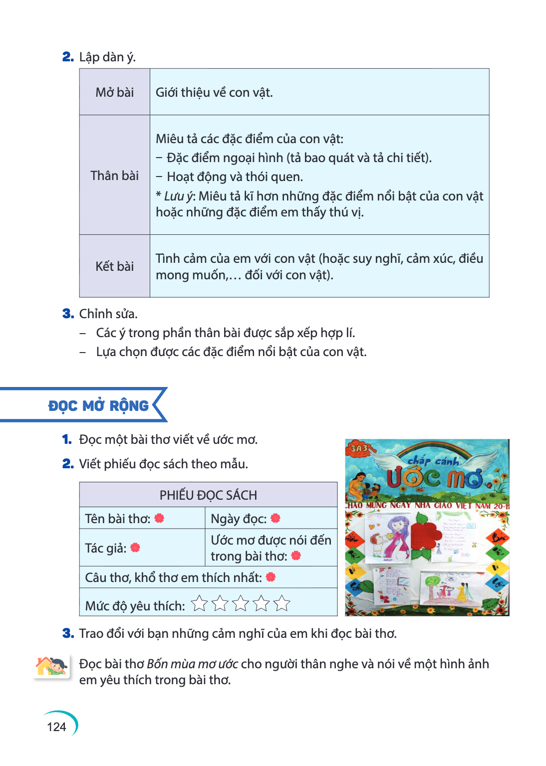 Lập dàn ý. Mở bài, Giới thiệu về con vật. Thân bài, Miêu tả các đặc điểm của con vật: Đặc điểm ngoại hình (tả bao quát và tả chi tiết). ū Hoạt động và thói quen