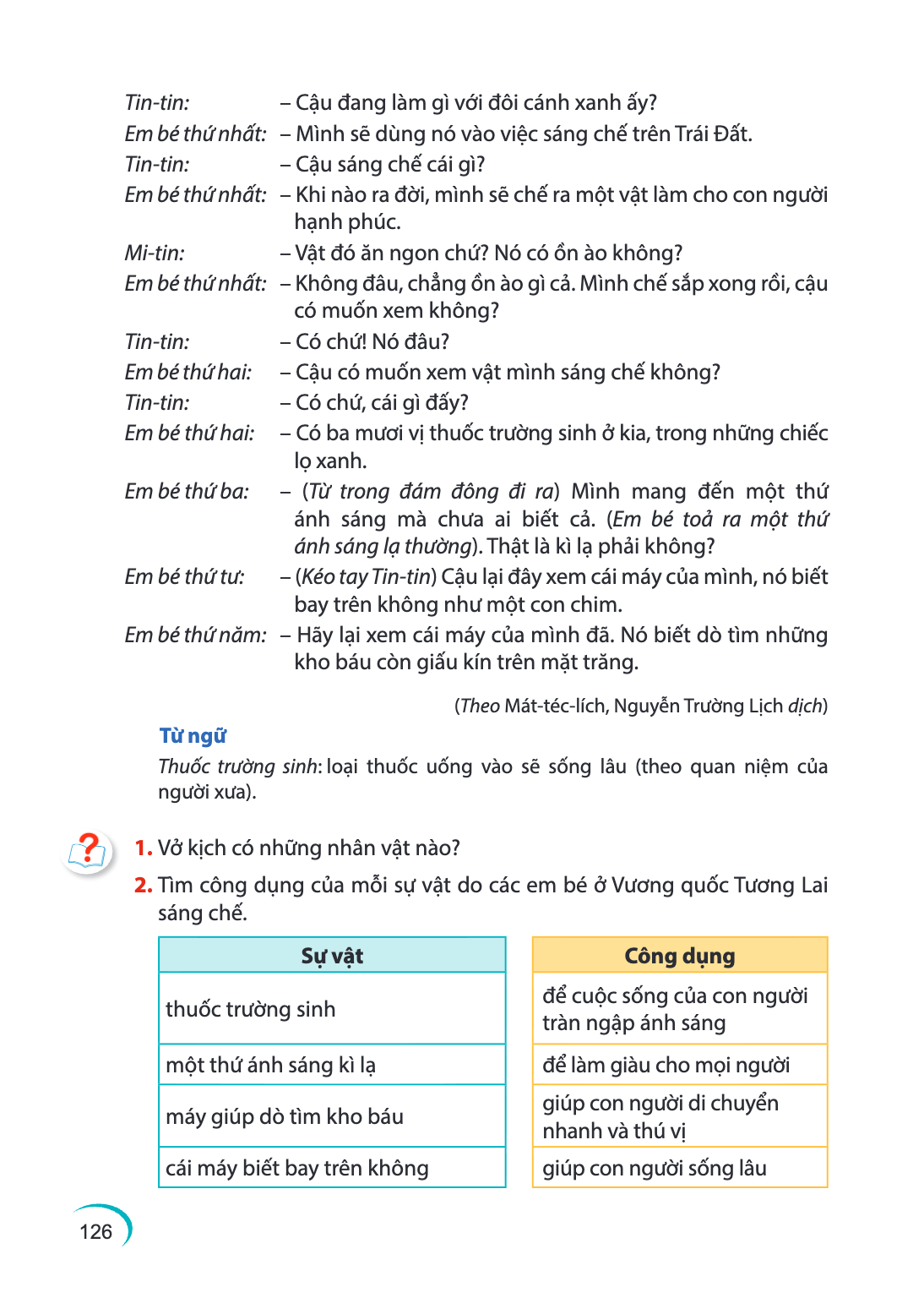 Tin-tin:, - Cậu đang làm gì với đôi cánh xanh ấy? Em bé thứ nhất:, - Mình sẽ dùng nó vào việc sáng chế trên Trái Đất. Tin-tin:, - Cậu sáng chế cái gì? Em bé thứ