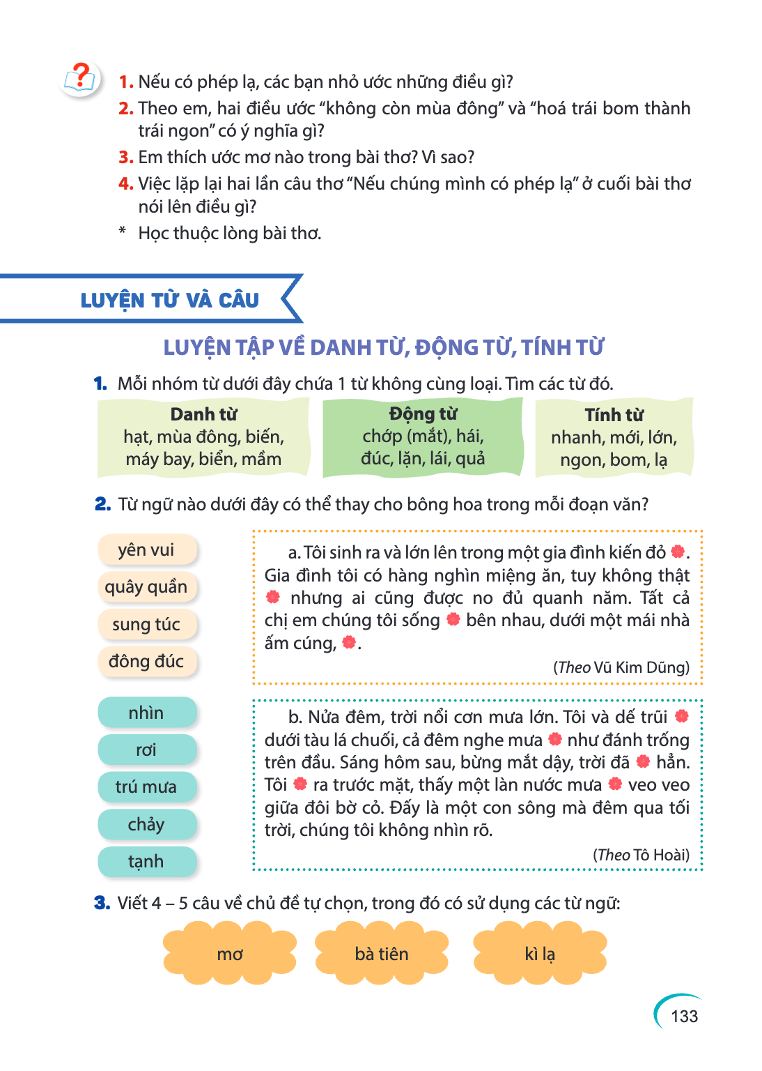 1. Nếu có phép lạ, các bạn nhỏ ước những điều gì? 2. Theo em, hai điều ước "không còn mùa đông" và "hoá trái bom thành trái ngon" có ý nghĩa gì? 3. Em thích ước